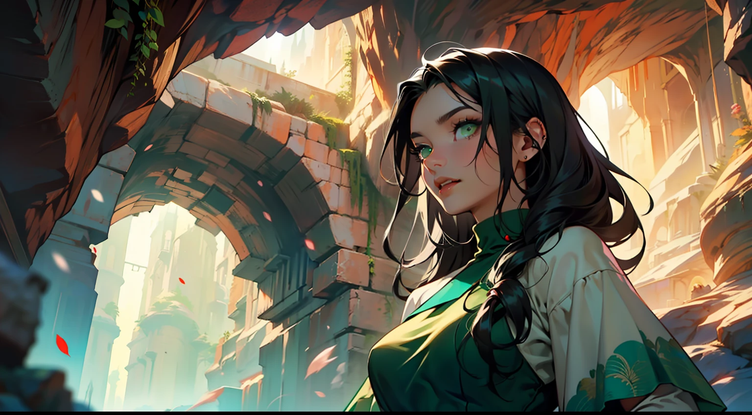 21, (1 person) (girl, (green eyes), (long black hair), green dress with white gauze, the young woman is graceful and dignified, outstanding temperament, speaks in a coquettish manner) (Background: inside the cave)