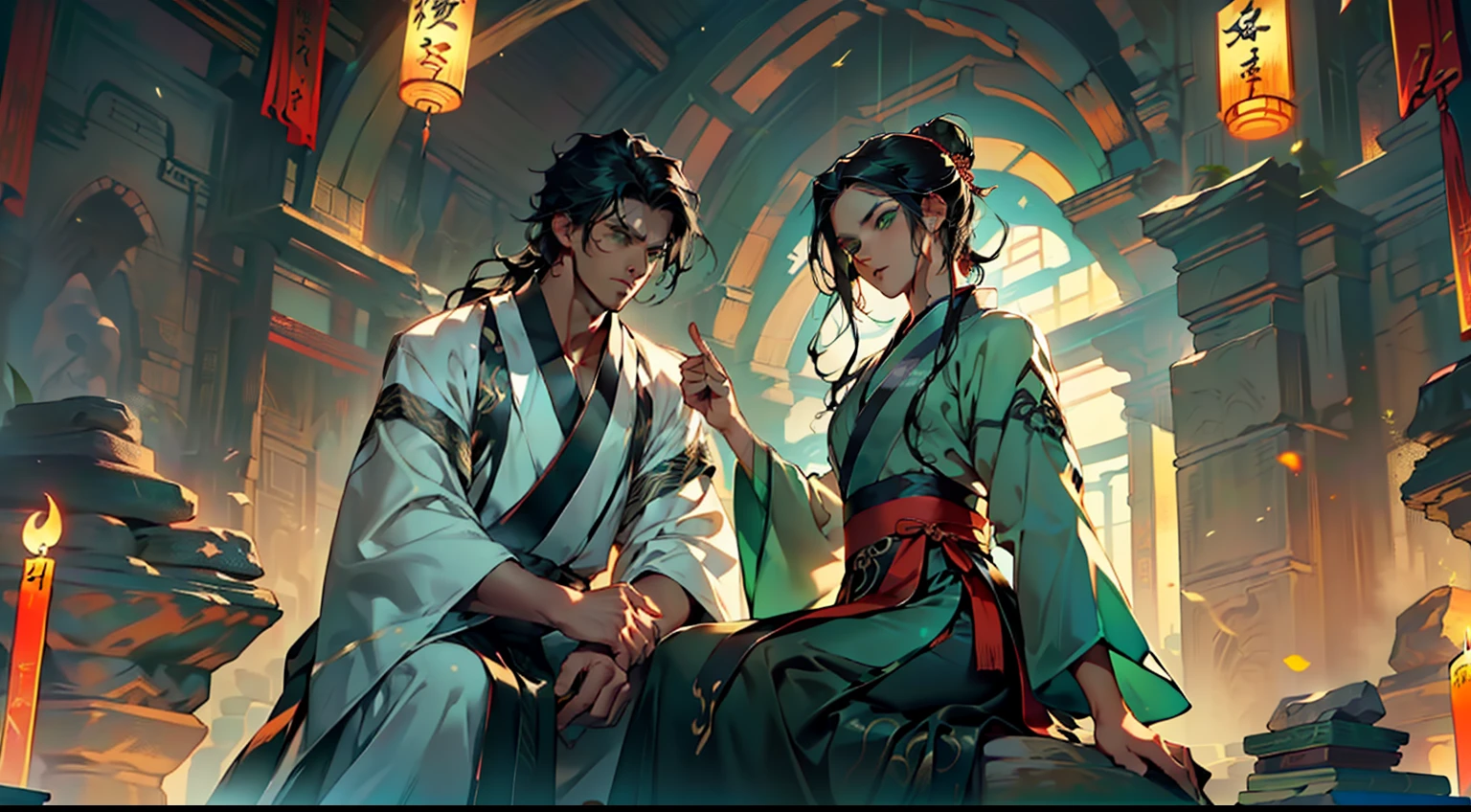 22, (1 person) (boy, ( (Black Hanfu youth), (Black hair), kingly air, gorgeous, handsome, outstanding temperament, sitting on a stone, the girl, (green eyes), (long black hair), green dress with white gauze, the young woman is graceful and dignified, outstanding temperament, sits beside him) (Background: inside the cave)