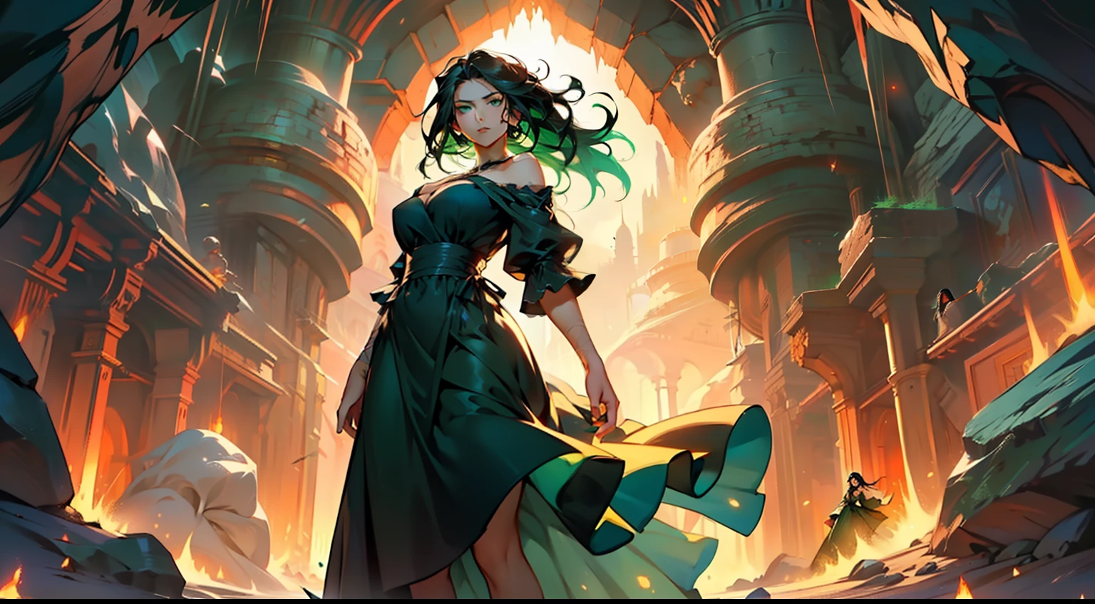 23, (1 person) (girl, (green eyes), (long black hair green dress with white gauze, the young woman is graceful and dignified, outstanding temperament, speaks teasingly) (Background: inside the cave)