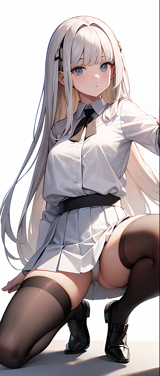 best quality,masterpiece,white background,white shirt,short pleated skirt,whole body,Fair skin,blunt bangs,gladient hair,loosen clothing around the neck,folding arms,look down on,standing up,extremely long hair,spreading hair,ivory hair,spreading legs,loafers,over knee socks,black socks,troll face