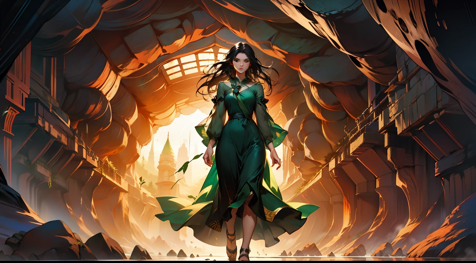 25, (1 person), (green eyes), (long black hair), green dress with white gauze, the young woman is graceful and dignified, outstanding temperament, leaves the cave) (Background: inside the cave)