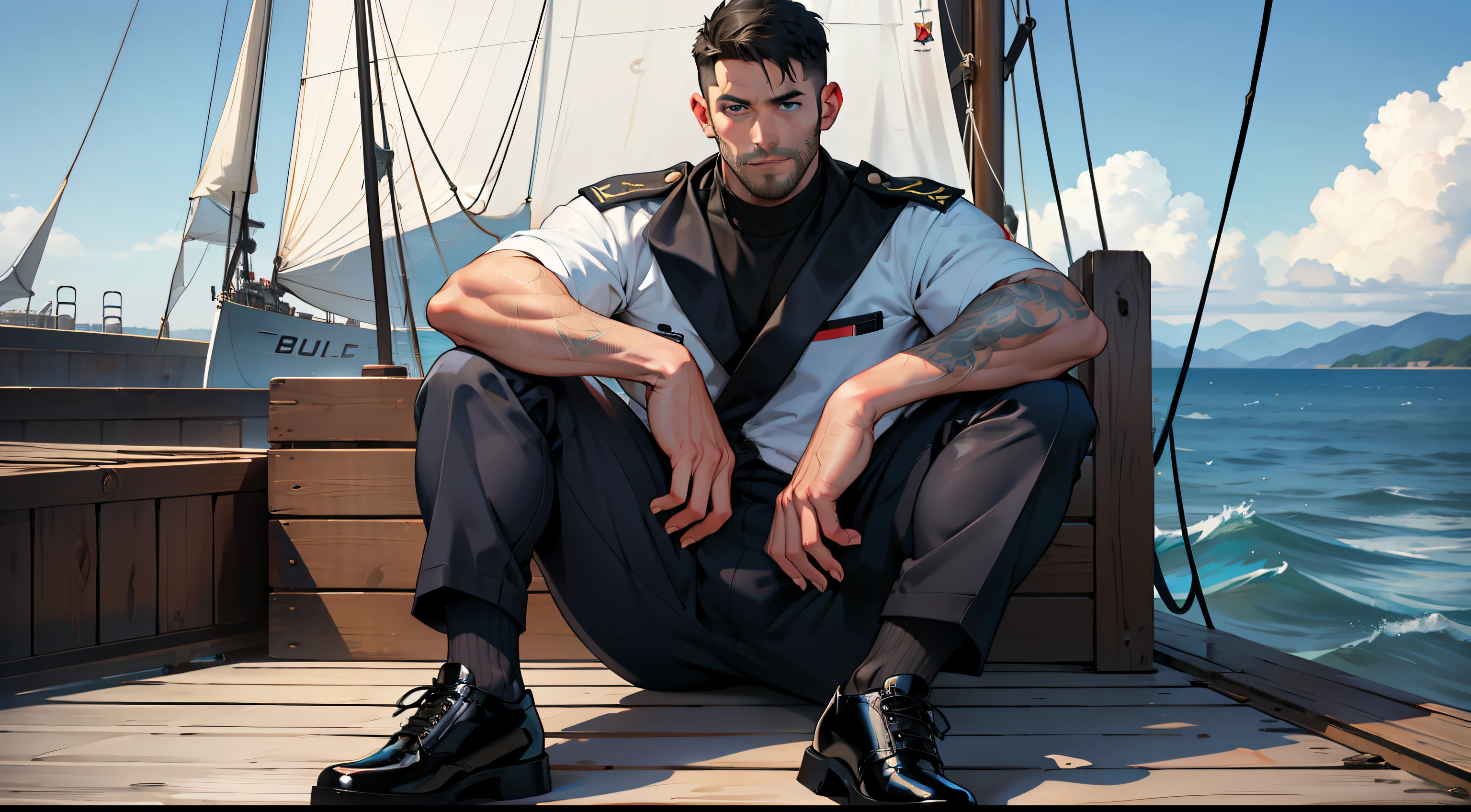 masterpiece, best quality, face, natural eyes, 1man, european, big feet, black socks, full body, large bulge, long legs, looking at viewer, 30 years old, muscled and mature, sea, a navy soldier, white navy army uniform, wearing balck leather shoe, short haircut, sitting on a ship deck with legs streched, deck, ship, sea, ship deck, blue eyes, flush, organism, face covered with white fluids, sweating, tight cloth, erecting
