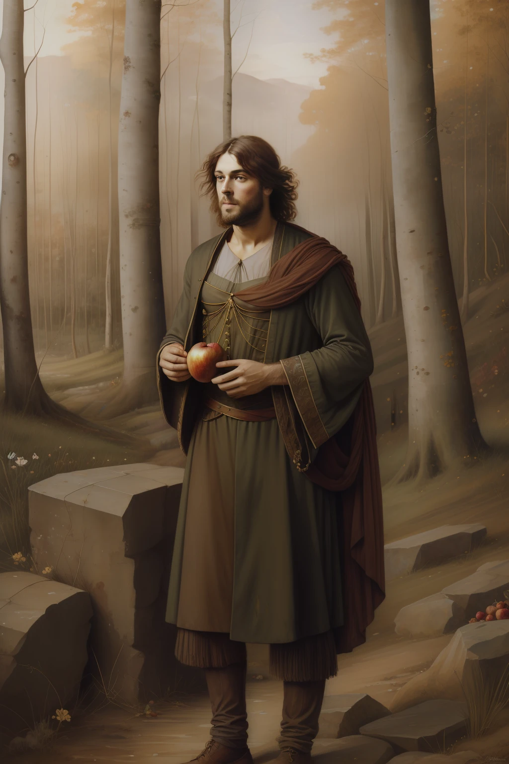 (((pintura pre raphaelie))) homem selvagem coberto de folhas de outono, holds an apple, miserable clothes, homem velho, barba branca, louco da floresta, paisagem celta, floresta encantada, roupa rasgada, homem celta pobre, rustic man, macieiras, mendigo, accompanied by a doe