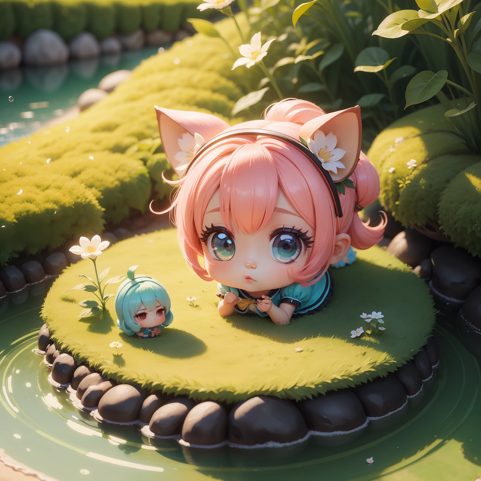 Calopsita em estilo Chibi e cute em um jardim encantado. Hiper realista, 8K,HD.