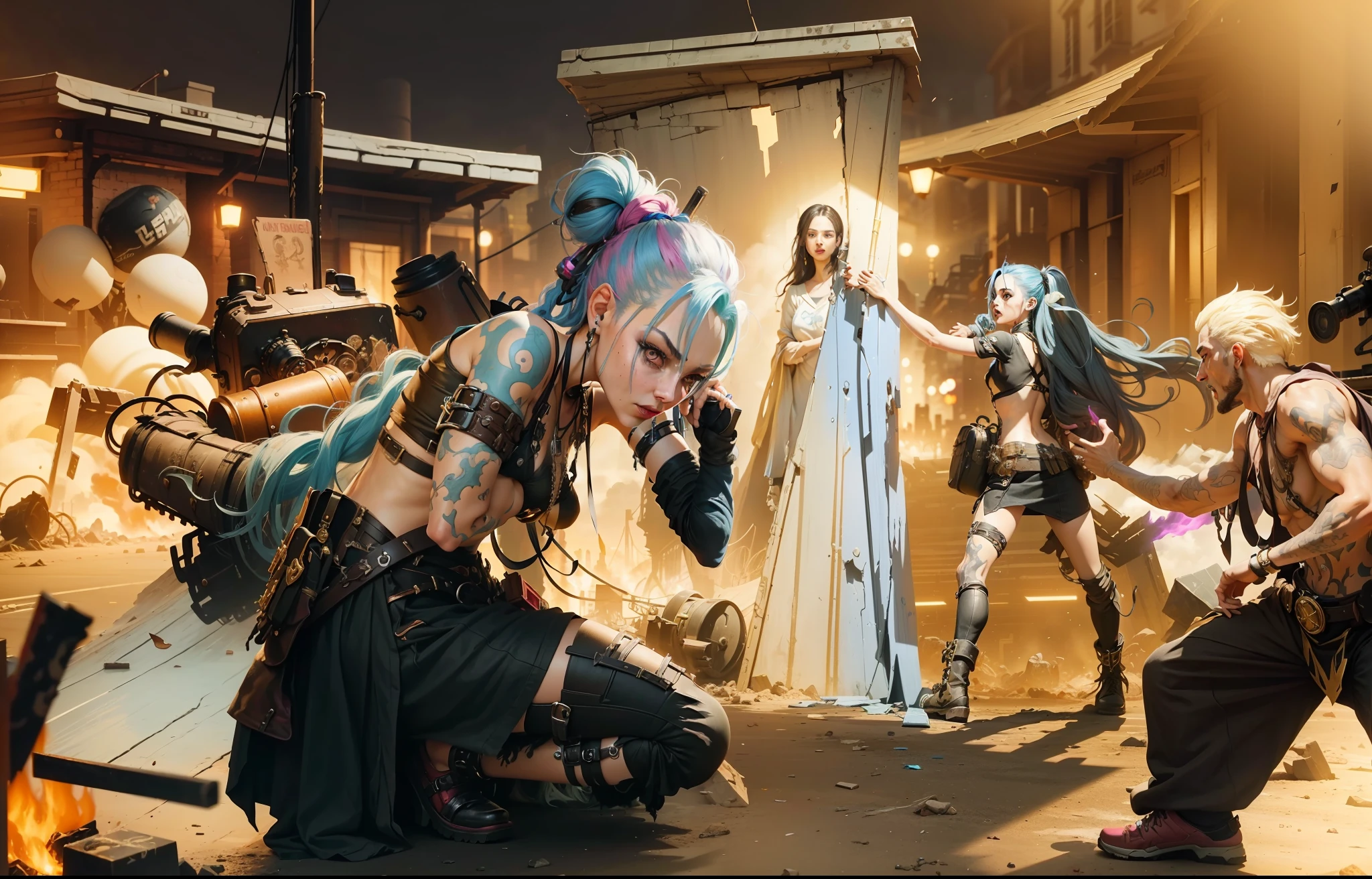 ((Best quality)), ((masterpiece)), (highly detailed:1.3), 3D, arcane style,In the dark and courageous dystopian city of Piltover, plagued by violence and divided into two opposing factions, a young prodigy named Jinx emerges. Having endured unimaginable loss and abandonment, she embraced a life of chaos and destruction. Known for her inventive and explosive abilities, Jinx becomes an icon of rebellion against the oppressive forces that control the city. However, haunted by guilt and battling inner demons, she must confront her past and decide whether to continue on the path of anarchy or seek redemption amid the turmoil. Explore Jinx's journey as she navigates a treacherous world, fighting for survival, unlocking secrets, and discovering the true meaning of her twisted existence, chaos reigns supreme, and at the center of it all is Jinx, the embodiment of unpredictability. Delve deep into Jinx's twisted mind, exploring the origins of his madness and the driving force behind his destructive nature. Unravel the moments that shaped her into the crazed, iconic character we know. Take us on a wild journey through the vibrant streets of Piltover and the shadowy suburb of Zaun as Jinx wreaks havoc with his explosive arsenal. Can redemption find its way into Jinx's fractured soul? Or will she dance forever on the edge of sanity, embracing the chaos that fuels her very existence? Arcane's fate hangs in the balance as Jinx's path intertwines with unlikely allies and formidable enemies. Ignite your imagination and paint a vivid portrait of Jinx's distorted psyche, capturing the essence of her madness and the indomitable spirit that defines it, HDR (High Dynamic Range), Ray Tracing, NVIDIA RTX, Super-Resolution, Unreal 5, Subsurface Scattering, PBR Texturing, Post-processing, Anisotropic Filtering, Depth of Field, Maximum Clarity and Sharpness, Multit Textures