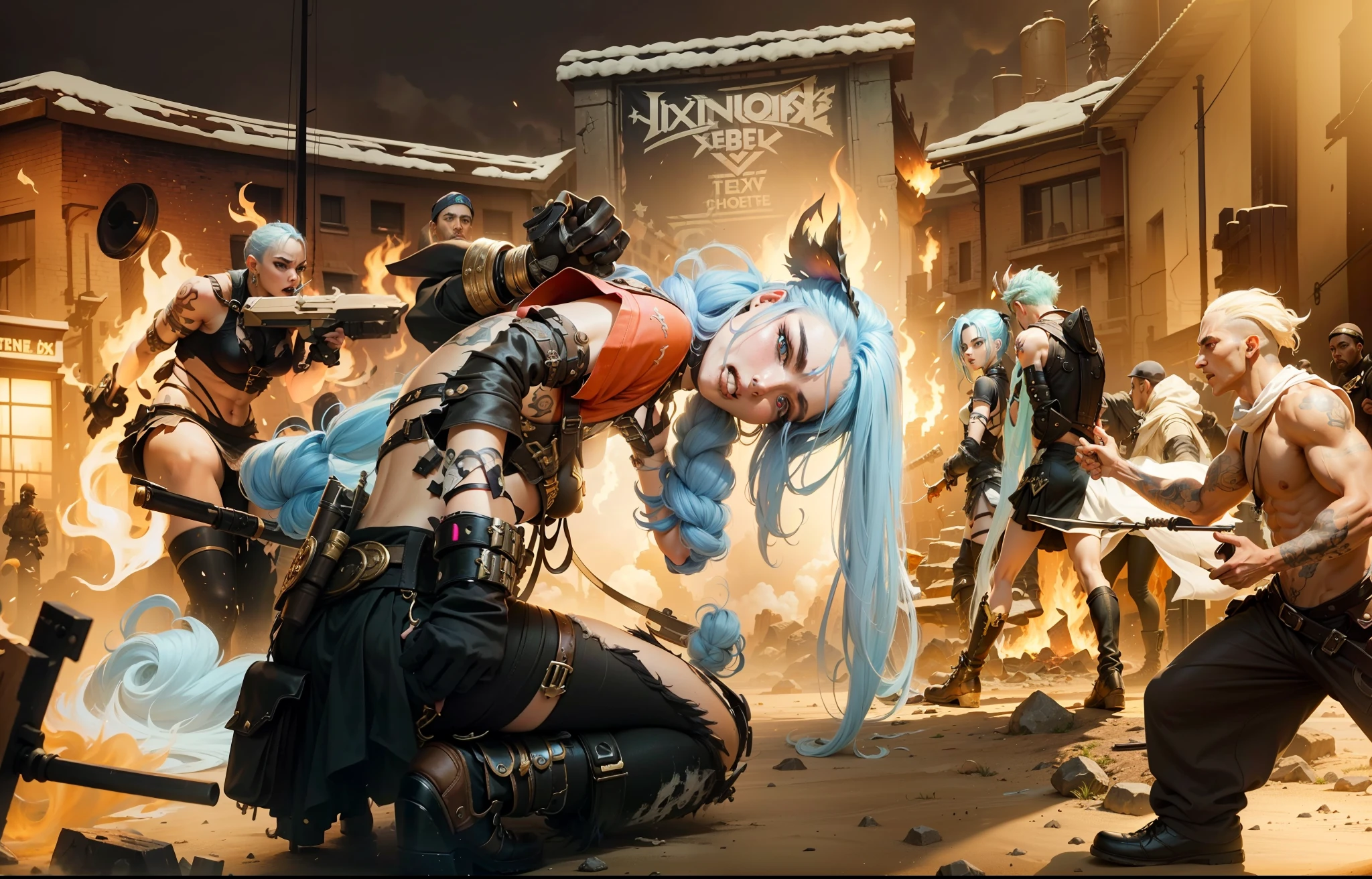 ((Best quality)), ((masterpiece)), (highly detailed:1.3), 3D, arcane style,In the dark and courageous dystopian city of Piltover, plagued by violence and divided into two opposing factions, a young prodigy named Jinx emerges. Having endured unimaginable loss and abandonment, she embraced a life of chaos and destruction. Known for her inventive and explosive abilities, Jinx becomes an icon of rebellion against the oppressive forces that control the city. However, haunted by guilt and battling inner demons, she must confront her past and decide whether to continue on the path of anarchy or seek redemption amid the turmoil. Explore Jinx's journey as she navigates a treacherous world, fighting for survival, unlocking secrets, and discovering the true meaning of her twisted existence, chaos reigns supreme, and at the center of it all is Jinx, the embodiment of unpredictability. Delve deep into Jinx's twisted mind, exploring the origins of his madness and the driving force behind his destructive nature. Unravel the moments that shaped her into the crazed, iconic character we know. Take us on a wild journey through the vibrant streets of Piltover and the shadowy suburb of Zaun as Jinx wreaks havoc with his explosive arsenal. Can redemption find its way into Jinx's fractured soul? Or will she dance forever on the edge of sanity, embracing the chaos that fuels her very existence? Arcane's fate hangs in the balance as Jinx's path intertwines with unlikely allies and formidable enemies. Ignite your imagination and paint a vivid portrait of Jinx's distorted psyche, capturing the essence of her madness and the indomitable spirit that defines it, HDR (High Dynamic Range), Ray Tracing, NVIDIA RTX, Super-Resolution, Unreal 5, Subsurface Scattering, PBR Texturing, Post-processing, Anisotropic Filtering, Depth of Field, Maximum Clarity and Sharpness, Multit Textures