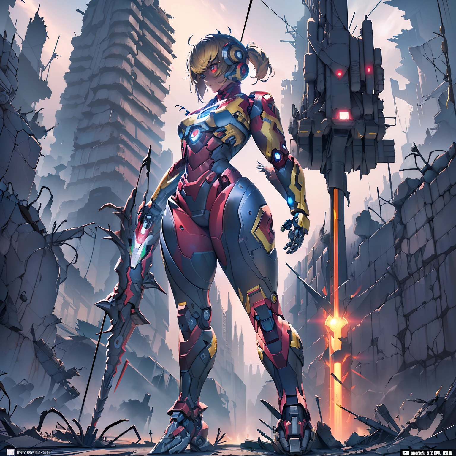 (Golden Ratio:1.2),[(black background:1.4)::10],(masterpiece), (best quality), (ultra detailed),(disheveled hair),(illustration),1 girl,solo,full body,blonde hair,red eyes,mecha-girl,Artificial skin,(High-tech full-cover display:1.3),Yellow transmission line,Hydraulic rod,Mechanical spine,Mechanical limb,mechanicalparts,robotic hand,Mechanical feet,(Cyborg:1.3),Mech flashing red,(A nuclear reactor in Iron Man's chest:1.4),The left arm is a futuristic spear prosthesis,(The spear is a pile driver:1.3),(Cyberpunk ruins filled with mechanical monster limbs:1.3),(athletic body:1.2),(Standing on a no-man's road:1.2)+(city ruins:1.3)+[(Inception:1.2)]
