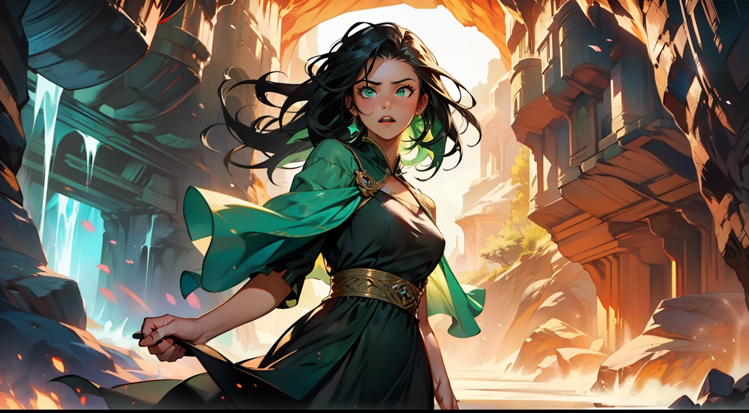 28, (1 person) (girl, (green eyes), (long black hair), green dress with white gauze, the young woman is graceful and dignified, outstanding temperament looks surprised) (Background: inside the cave)