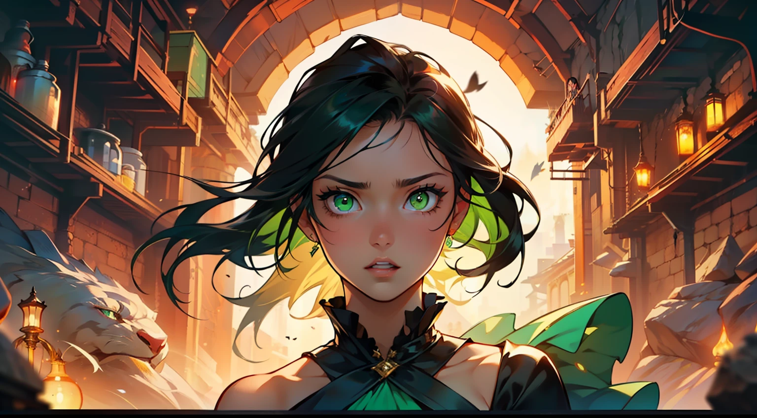 28, (1 person) (girl, (green eyes), (long black hair), green dress with white gauze, the young woman is graceful and dignified, outstanding temperament looks surprised) (Background: inside the cave)