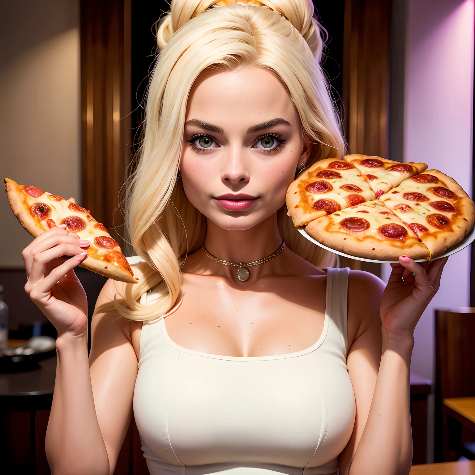 Barbie (Margot Robbie), vestida de rosa, comendo pizza, em uma pizzaria,