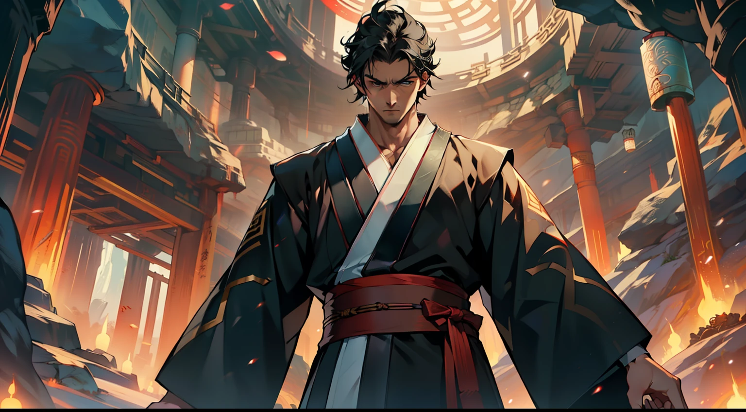 29, (1 person) (boy, (Black coat), (Black Hanfu youth), (Black hair), kingly air, gorgeous, handsome, outstanding temperament, looks gloomy) (Background: inside the cave)