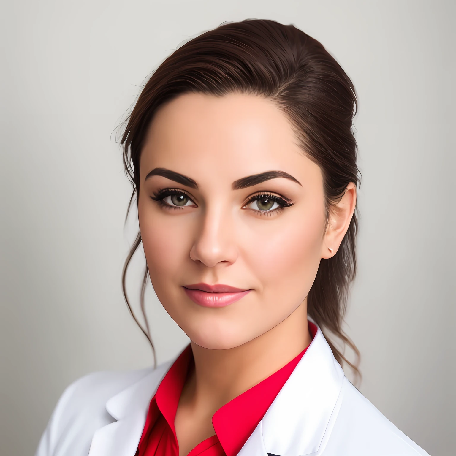 Smiling woman in white lab coat with red tie and white shirt, fotografia headshot, foto headshot, Retrato headshot, foto de closeup profissional, retrato profissional close-up, foto de perfil profissional, medical photography, retrato profissional, Retrato do perfil, imagem retrato, head and shoulder shot, foto retrato profissional, professional headshot, fotografia de retrato profissional, Foto profissional detalhada, amazing professional picture, Retrato promocional