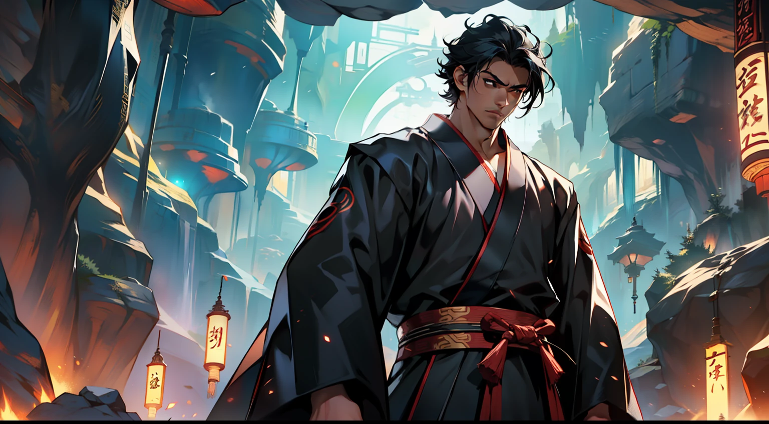 29, (1 person) (boy, (Black coat), (Black Hanfu youth), (Black hair), kingly air, gorgeous, handsome, outstanding temperament, looks gloomy) (Background: inside the cave)