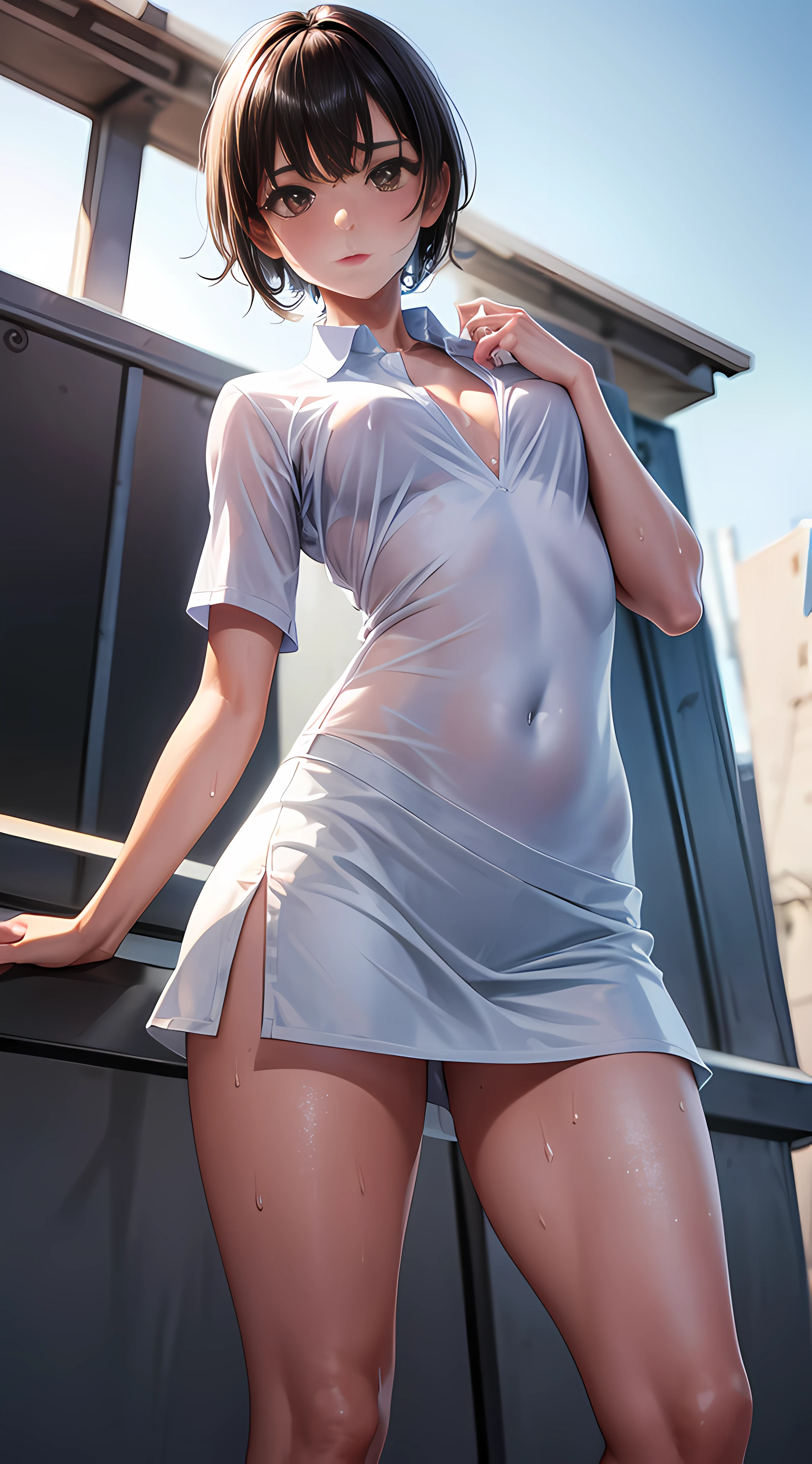 1girl, solo, white polo shirt, white sneakers, tennis wear, white miniskirt, masterpiece, best quality, realistic, hyper-detailed, (shiny skin, sweaty:1.4), absurd, looking at viewer, short black hair, brown eyes, slender, dynamic lighting, high resolution, sharp focus, depth of field, detailed eyes, sharp pupils, realistic pupils, (small breasts:1.6), (thick thighs:1.0), outdoor, sky