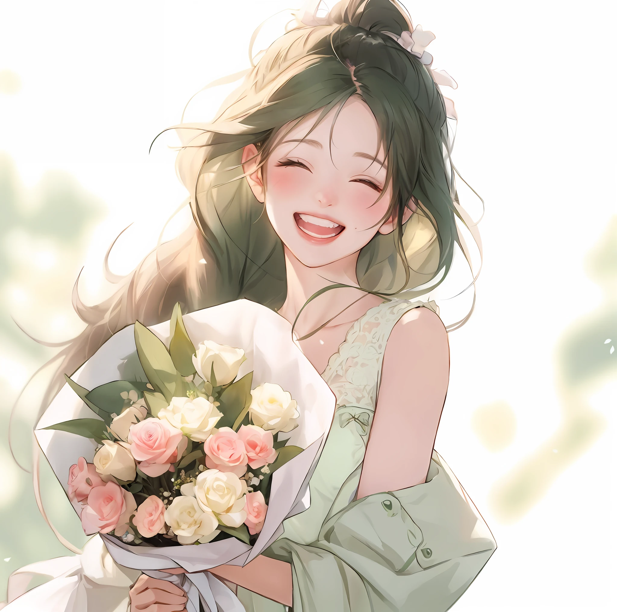 Anime girl holding flowers in her hand，With a smile on his face, With flowers, Guviz, she expressing joy, beautiful and smiling, laughing sweetly, Lovely smile, with a beautiful smile, Middle Metaverse, by Yang J, happy and spirited expression, and she smiling，Very happy, Guviz-style artwork