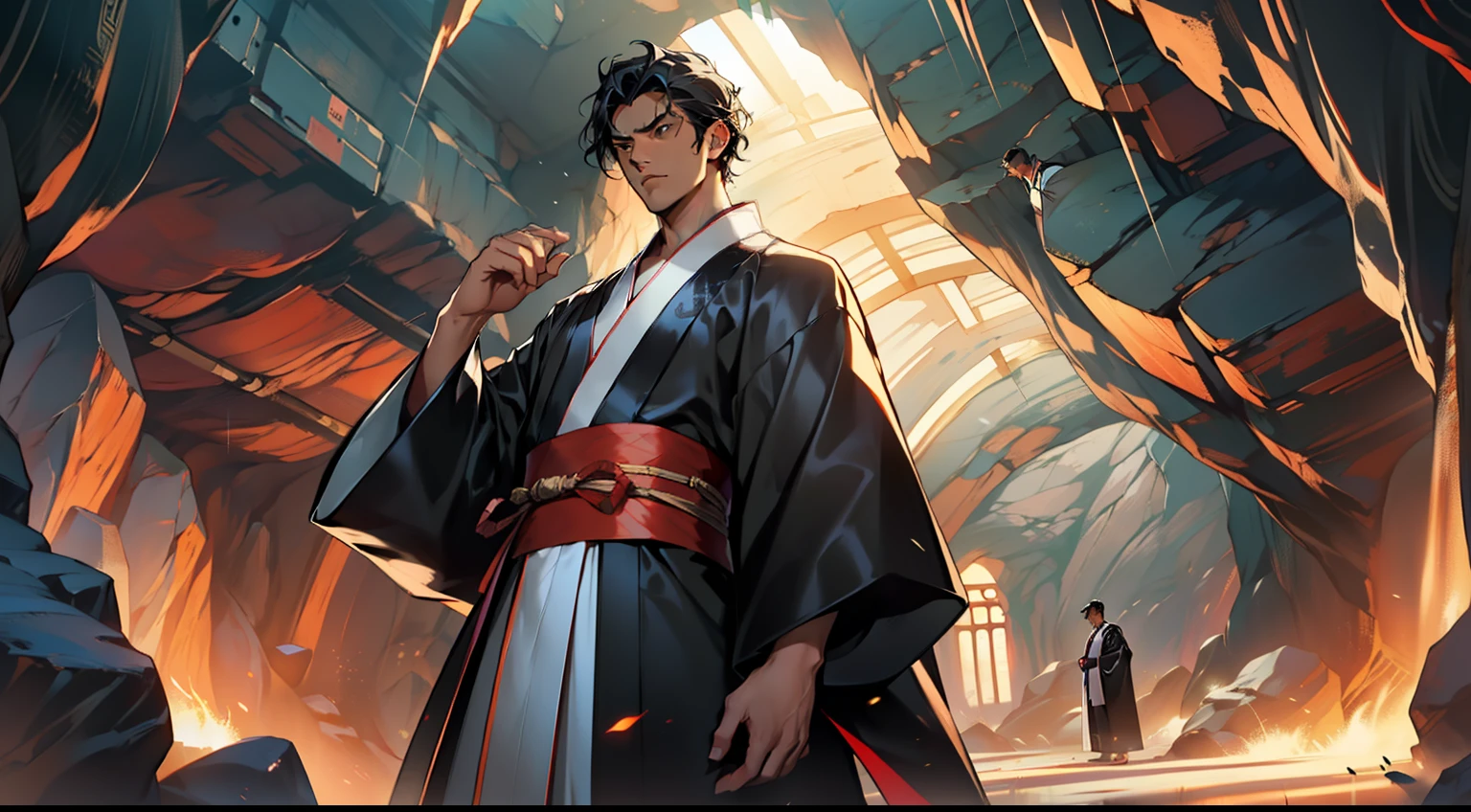 30, (1 person) (boy, (Black coat), (Black Hanfu), (Black hair), kingly air, gorgeous, handsome, outstanding temperament, stands in the cave contemplating) (Background: inside the cave)