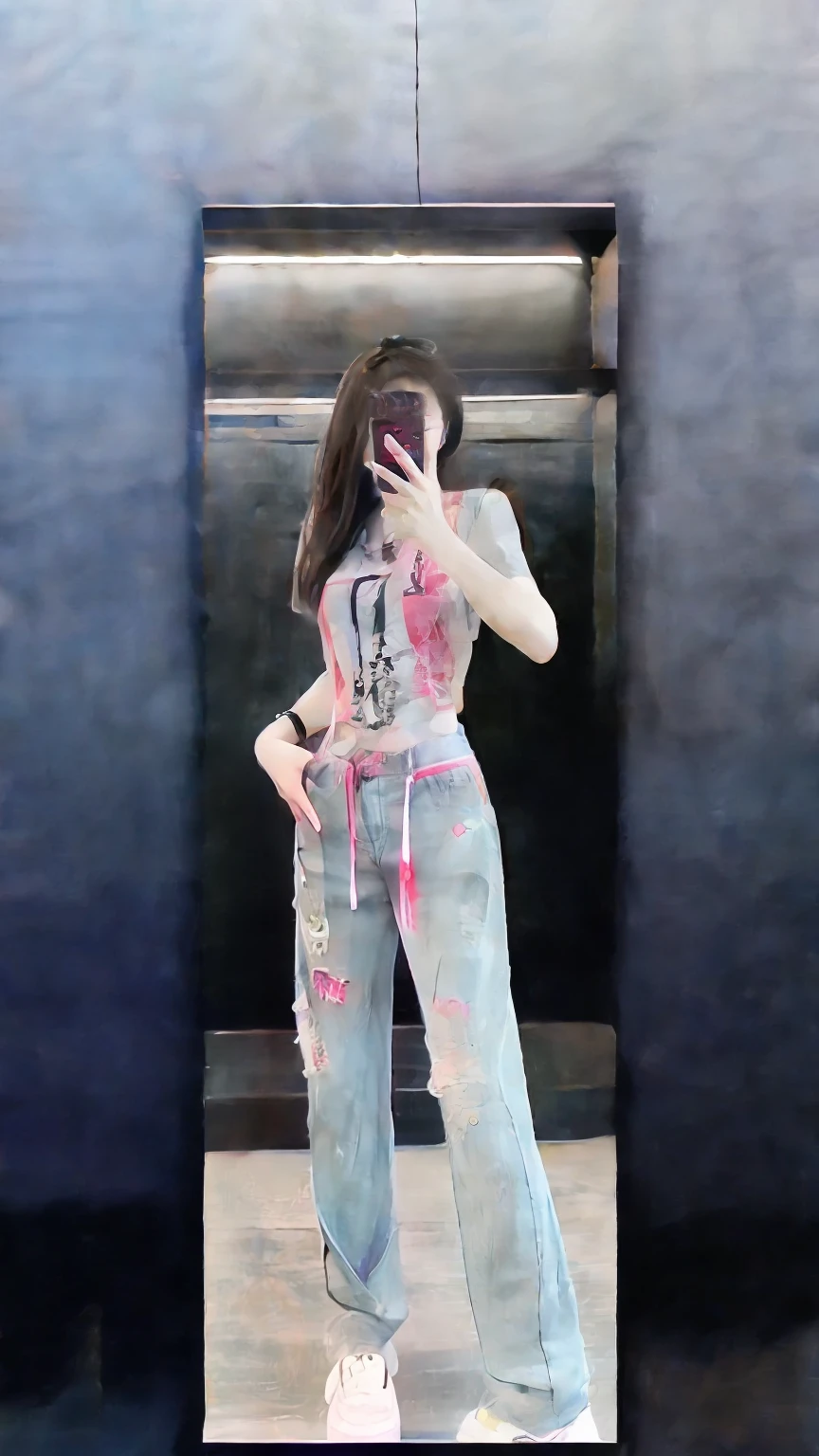 Woman with relics taking a selfie with camera in mirror, ( ( ( Wearing jeans ) ) ), with ripped crop t - shirt, kawaii shirt and jeans, full-body xianxia, jeans and t shirt, Full body picture, Casual clothes, Casual clothing, E-Girl, e - girl, high quality scan, outfit photograph, full bodyesbian;