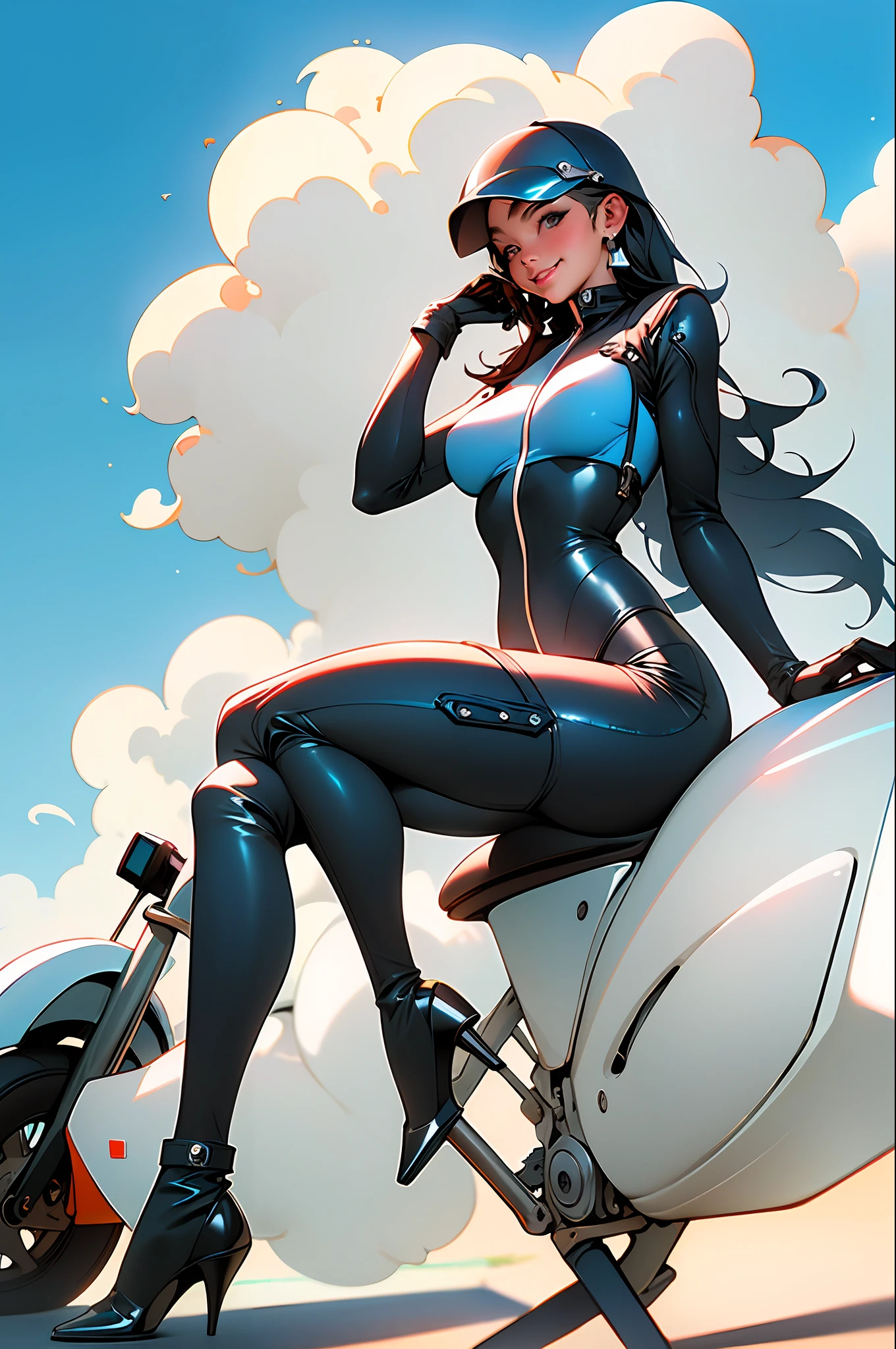 masterpiece, (masterpiece, top quality, best quality),1girl, solo, bodysuit, breasts, long hair, white background, smile, simple background, medium breasts, helmet, looking at viewer, skin tight, sitting, lips, blue bodysuit, motorcycle, black gloves, gloves