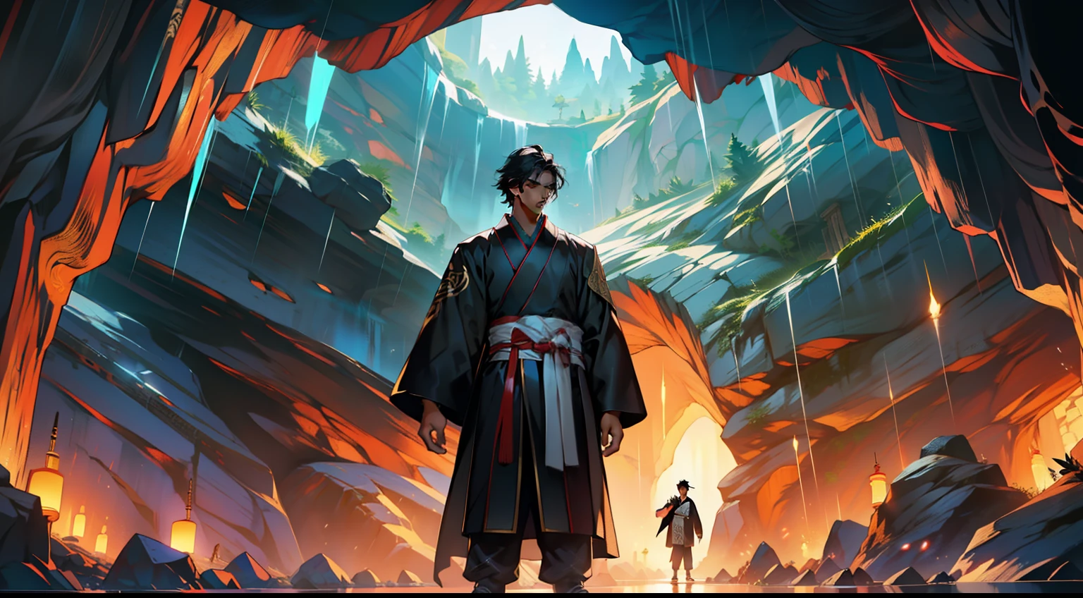 30, (1 person) (boy, (Black coat), (Black Hanfu), (Black hair), kingly air, gorgeous, handsome, outstanding temperament, stands in the cave contemplating) (Background: inside the cave)