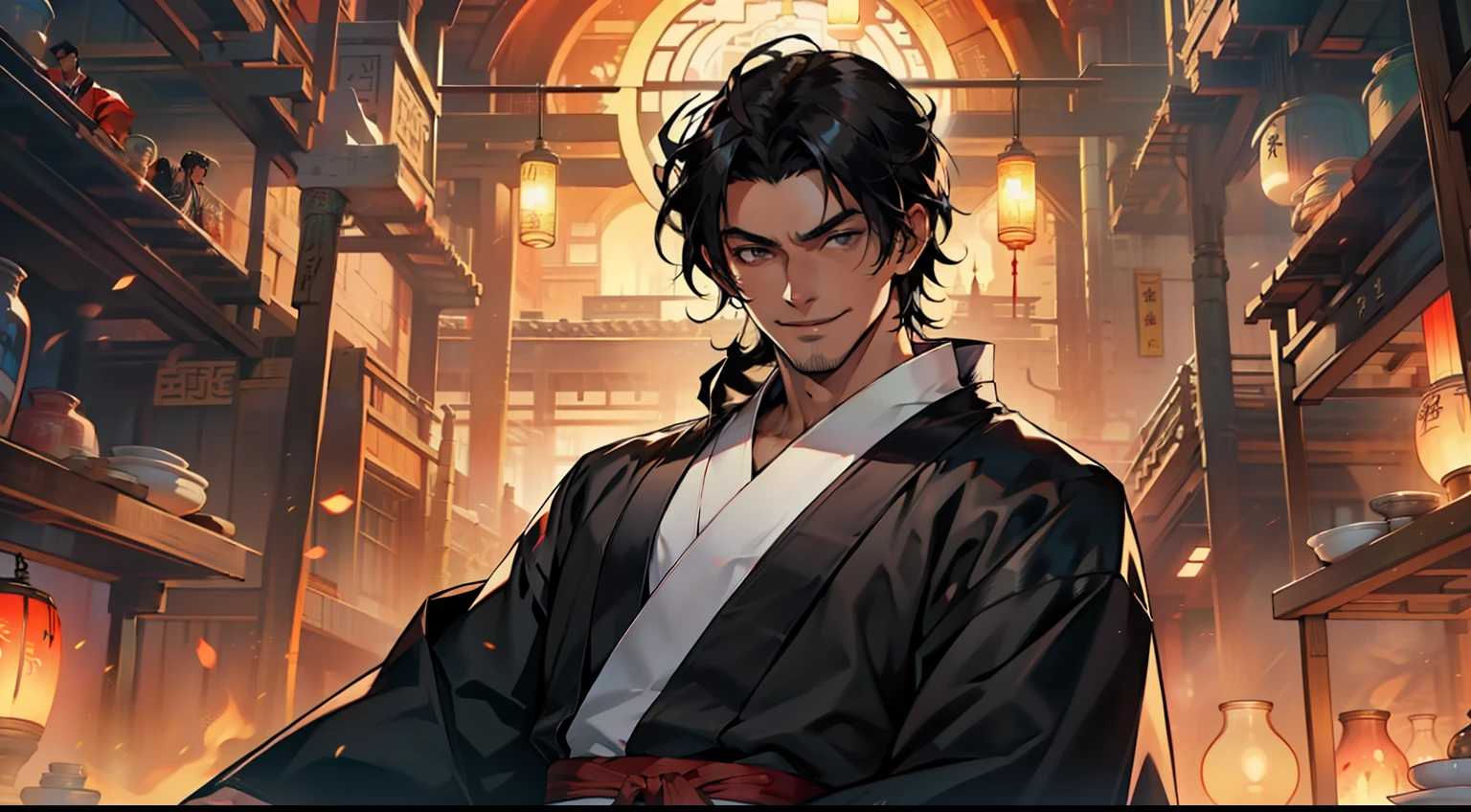31, (1 person) (boy, (Black coat), (Black Hanfu youth), (Black hair), kingly air, gorgeous, handsome, outstanding temperament, suddenly realizes something, smiles)Background: inside the cave)