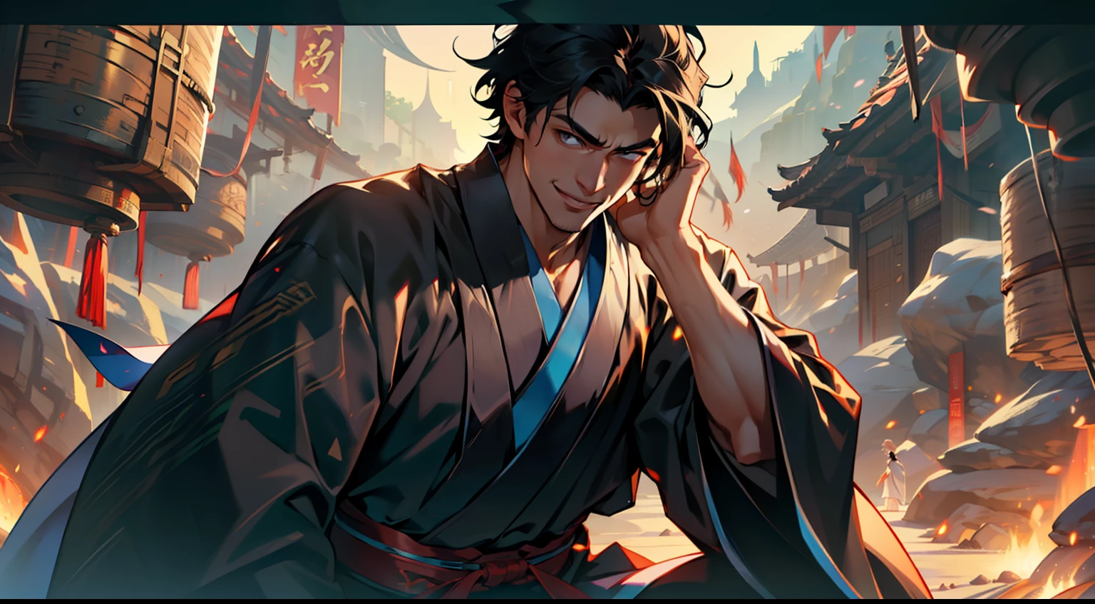 31, (1 person) (boy, (Black coat), (Black Hanfu youth), (Black hair), kingly air, gorgeous, handsome, outstanding temperament, suddenly realizes something, smiles)Background: inside the cave)