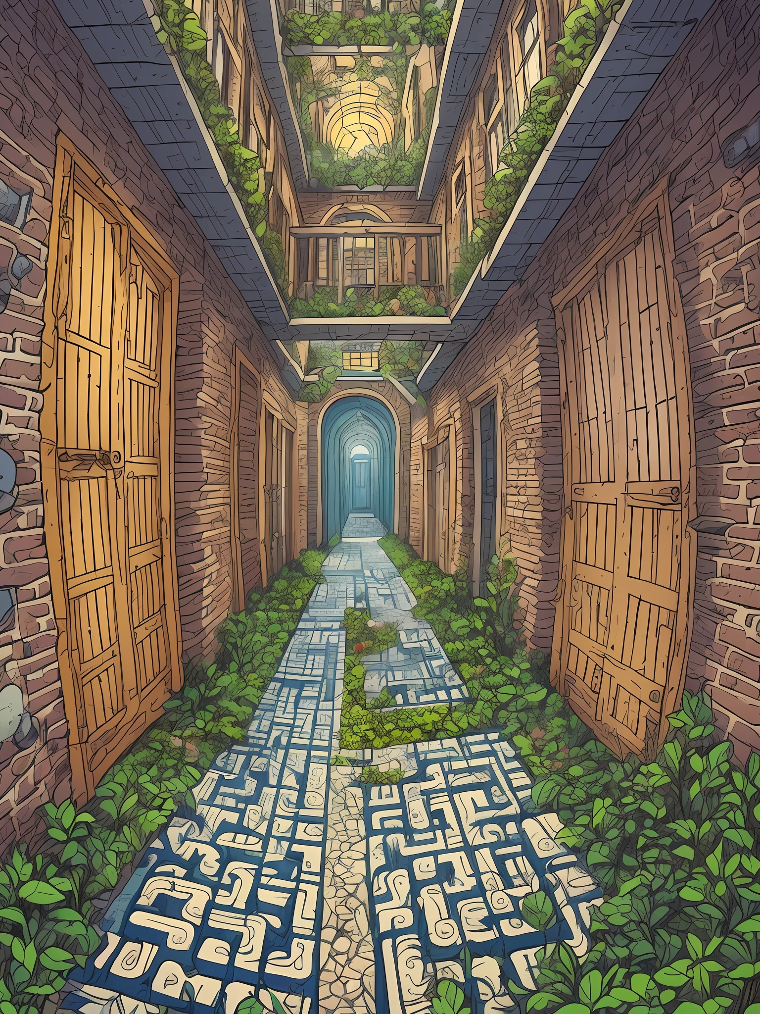 focuses on the background of the comic, where we have a stylized representation of a maze, characteristic of Pac-Man games. The walls of the labyrinth are outlined in shades of blue and black, and several small yellow tablets are scattered along the trails, creating an atmosphere of a fun and challenging journey. --auto --s2