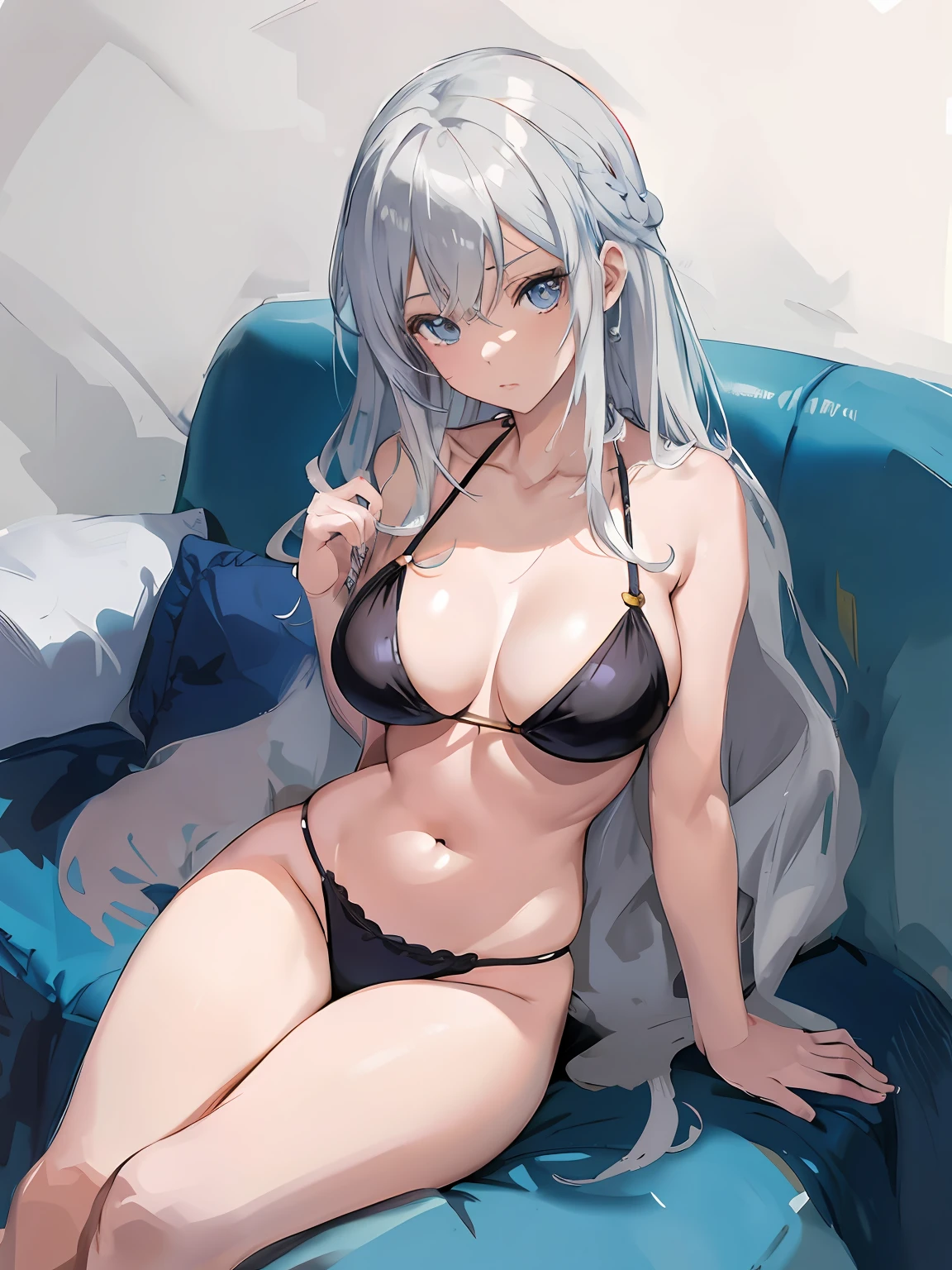 Bikini anime girl sitting on blue sofa, seductive anime girls, Perfect white haired girl, small curvaceous , attractive anime girls, Anime girl, Beautiful anime girl, beautiful and seductive anime woman, beautiful alluring anime teenautiful anime woman, (Anime girl), white haired Cangcang, pretty anime girl, anime woman, Cute anime girl, Kantai collection style