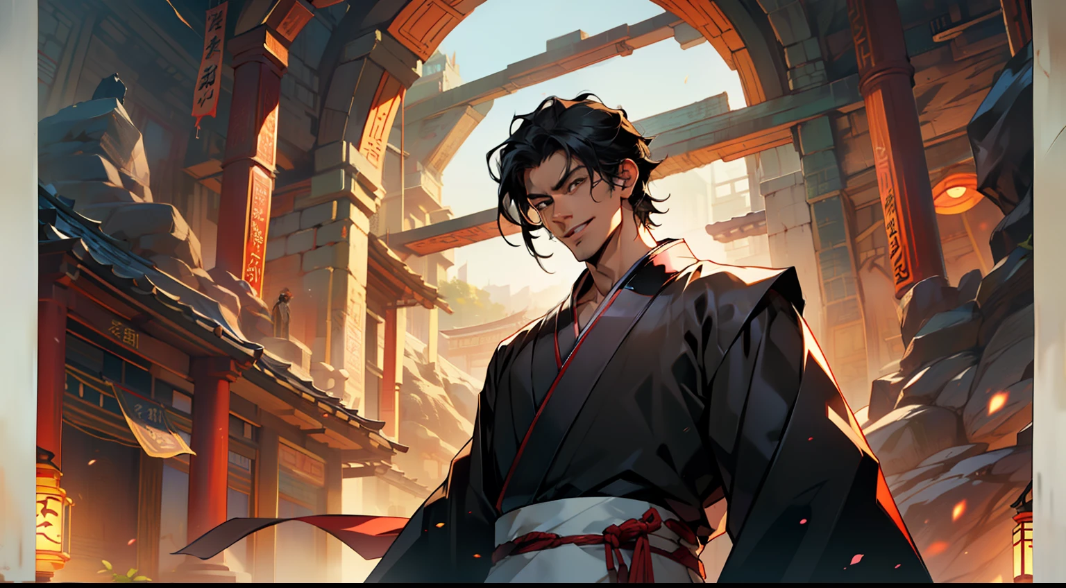 31, (1 person) (boy, (Black coat), (Black Hanfu youth), (Black hair), kingly air, gorgeous, handsome, outstanding temperament, suddenly realizes something, smiles)Background: inside the cave)