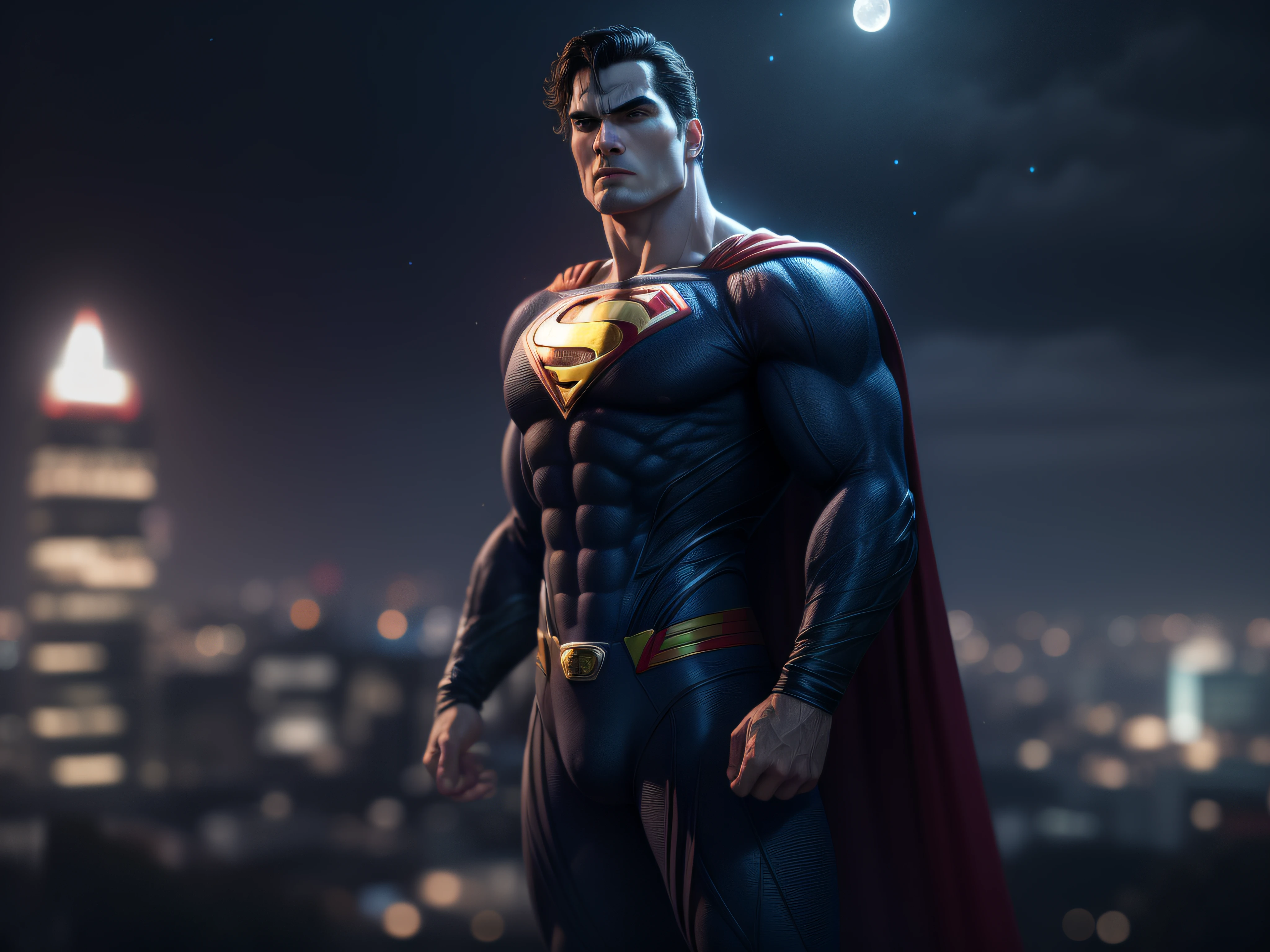 Close on a powerful menace, Imposing looking Superman, menacing stare, ricamente detalhado, hiper realista, 3D-rendering, obra-prima, NVIDIA, RTX, ray-traced, Bokeh, Night sky with a huge and beautiful full moon, estrelas brilhando,