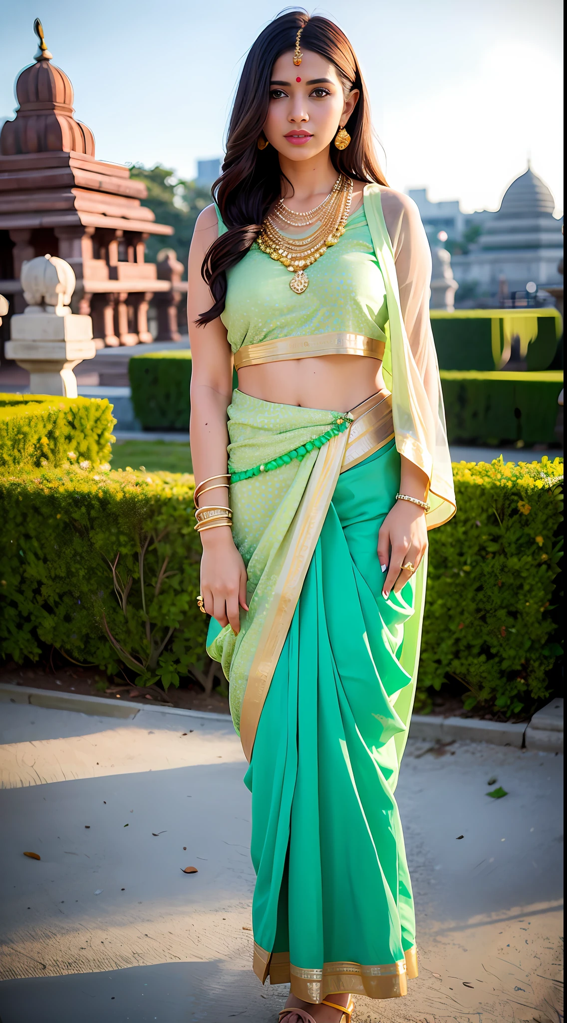wear green designer printed Saree and blouse, a bindi on the center of the forehead, green saree and green blouse, full body covered in clothes, Indian temples in background, flower basket, very well dressed, going to temple for prayers, golden heavy jewellery, very beautiful 25 year old indian girl, full body photo, mehendi in hands, random hair style, holding Puja plate with Puja items for lord Shiva, lord Shiva temple in background, jewelry, gem, necklace, necklace set, tika, vermilion, nathiya, ear rings, mangalsutra, golden haar, gold bracelet, anklets, thick lips, holding flower basket for Puja in hand, skindentation, parted lips, full body photo from front, beautiful face, beautiful body, (detailed eyes), ulzzang-6500-v1.1, thick eyelashes, long eyelashes, random hair style, broad light, backlighting, bloom, light sparkles, chromatic aberration, sharp focus, Nikon Z 85mm, unparalleled masterpiece, ultra-realistic 8k photos, best quality masterpiece, best quality, (photorealistic:1.2), (realistic:1.5), (hyperrealistic:1.2),(photorealistic face:1.2)