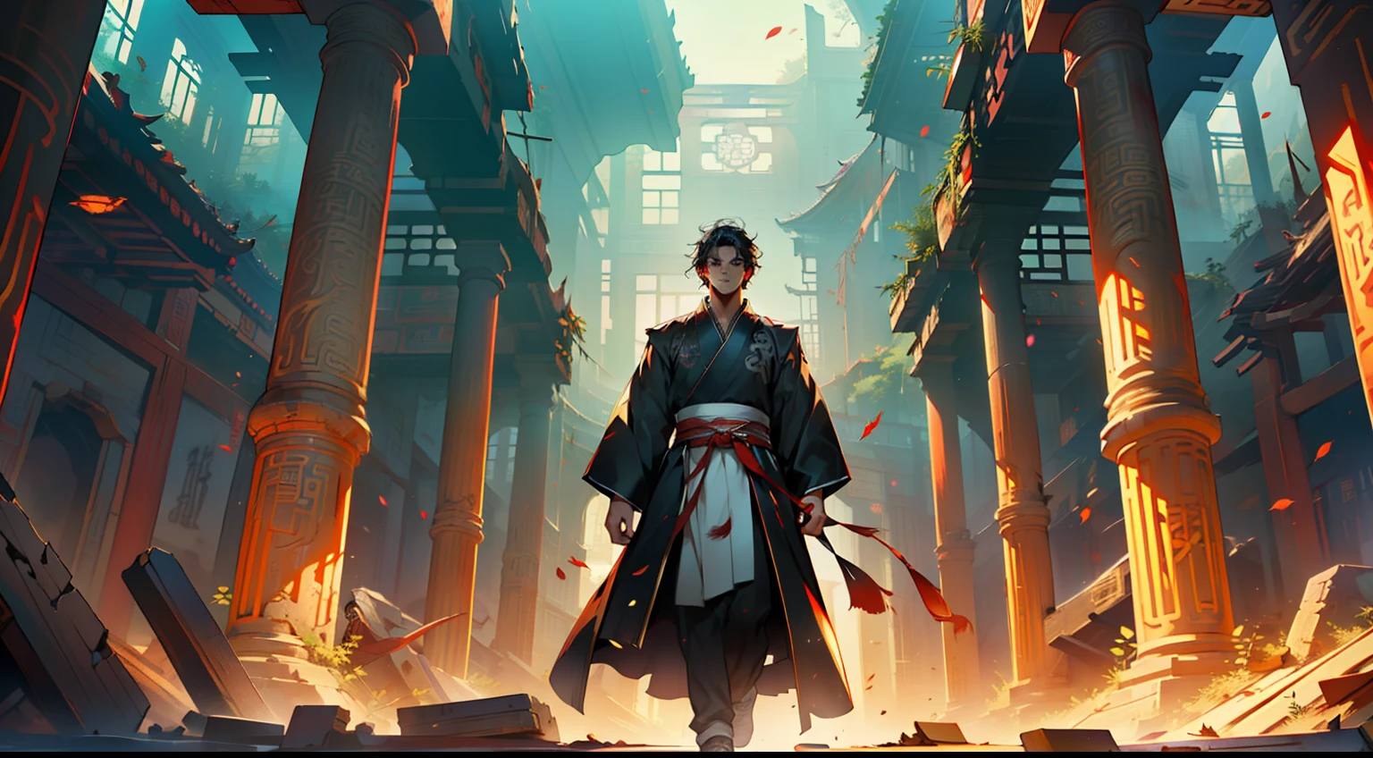 32, (1 person) (boy, (Black coat), (Black Hanfu youth), (Black hair), kingly air, gorgeous, handsome, outstanding temperament, leaves the cave) (Background: in the broken, ruins, the magnificent ancient Chinese imperial palace hall in ruins)