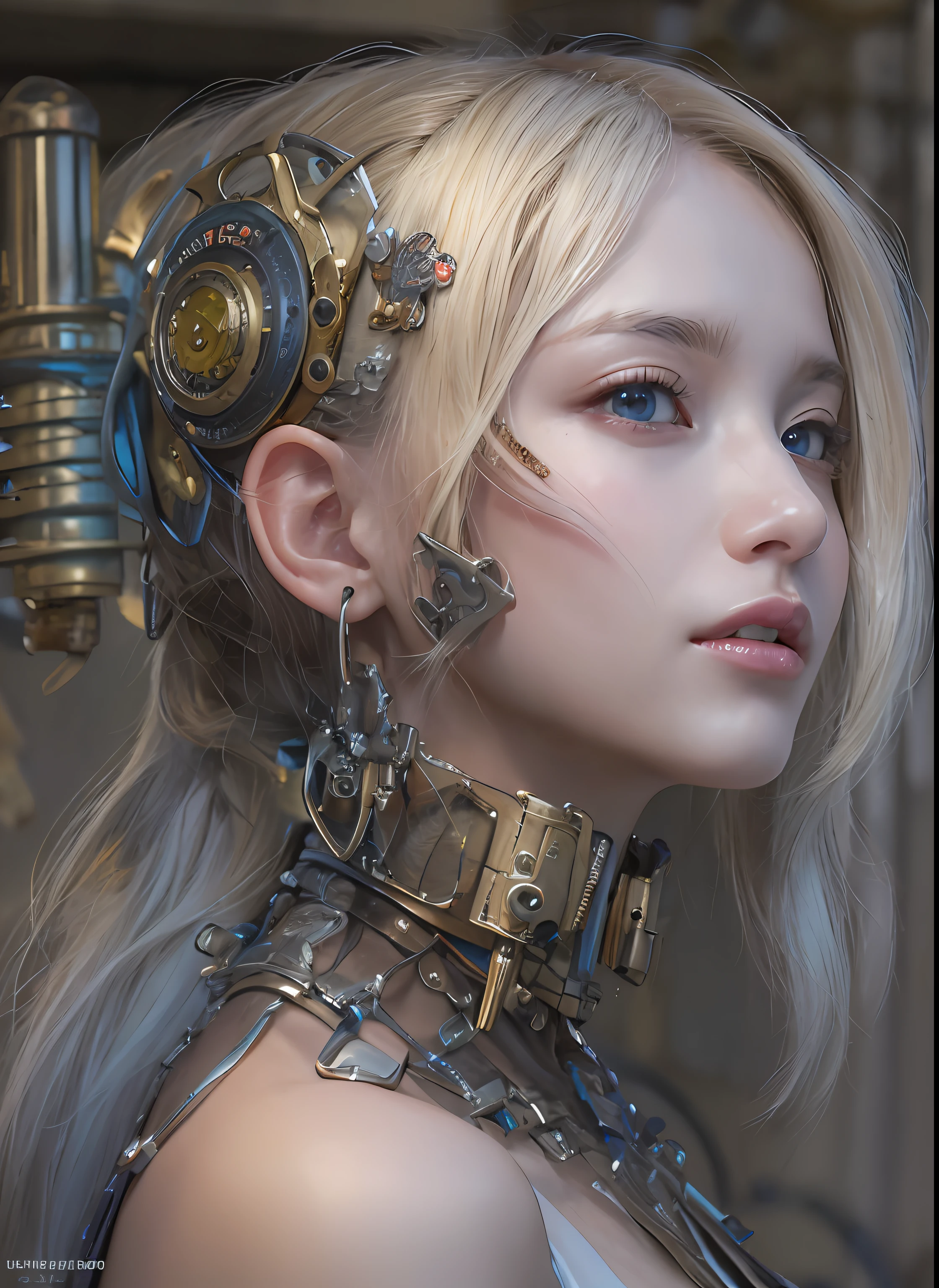 top-quality、​masterpiece、超A high resolution、(Photorealsitic:1.4)、Raw photo、女の子1人、a blond、glowy skin、1. Steampunk Angel Cyborg、large metal wings、((super realistic details))、portlate、globalillumination、Shadow、octan render、8K、ultrasharp、Colossal tits、Raw skin is exposed in cleavage、metals、Details of complex ornaments、Steampunk details、Hydraulic cylinder、highly intricate detail、Realistic light、CGSoation Trends、a purple eye、radiant eyes、Facing the camera、neon details、Mechanical limbs、blood vessels connected to tubes、Mechanical vertebrae attached to the back、mechanical cervical attaching to neck、cowboy  shot、Wires and cables connecting to the head、Sumerian details、Small LED lamp、