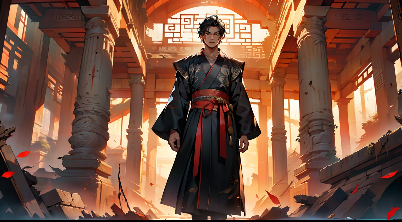 32, (1 person) (boy, (Black coat), (Black Hanfu youth), (Black hair), kingly air, gorgeous, handsome, outstanding temperament, leaves the cave) (Background: in the broken, ruins, the magnificent ancient Chinese imperial palace hall in ruins)