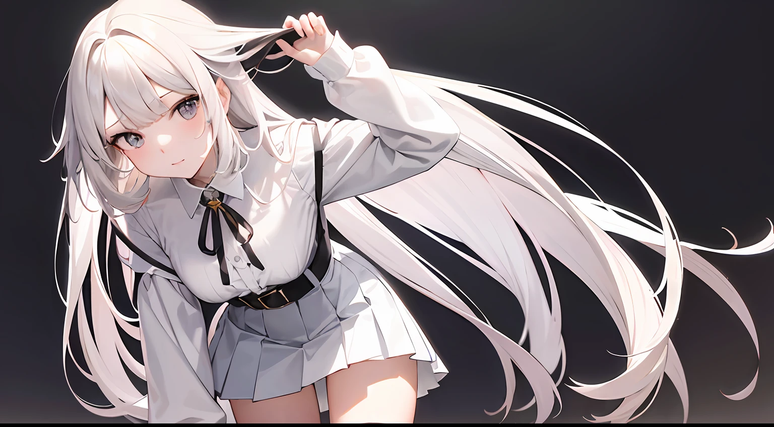 best quality,masterpiece,white background,white shirt,short pleated skirt,Fair skin,blunt bangs,gladient hair,loosen clothing around the neck,folding arms,look down on,standing up,extremely long hair,spreading hair,ivory hair,spreading legs,loafers,over knee socks,black socks,troll face