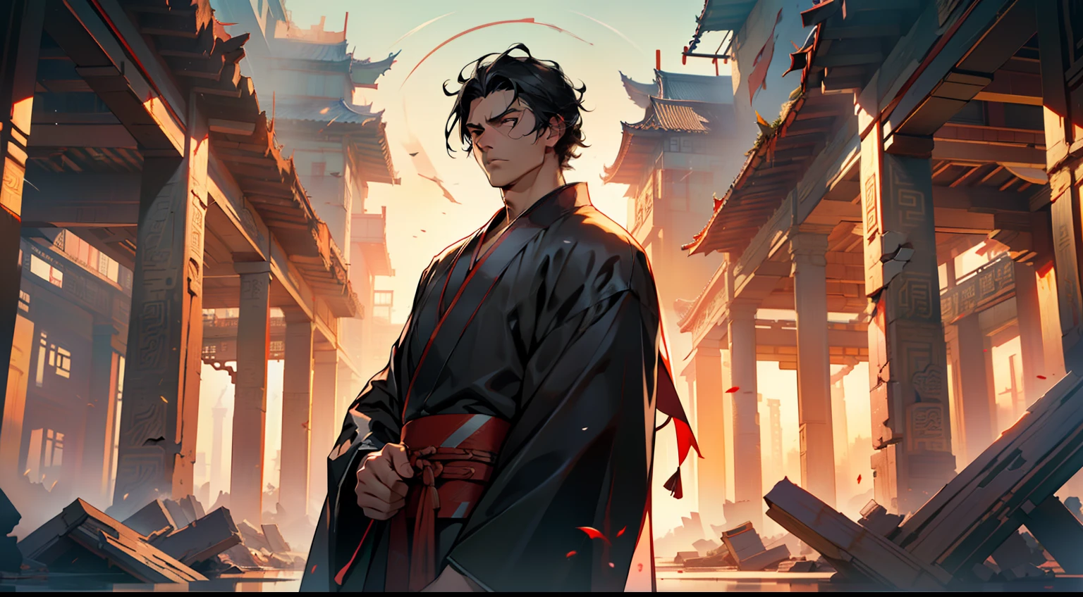 33, (1, (Black coat), (Black Hanfu youth), (Black hair), kingly air, gorgeous, handsome, outstanding temperament, looks sad) (Background: in the broken, ruins, the magnificent ancient Chinese imperial palace hall in ruins)