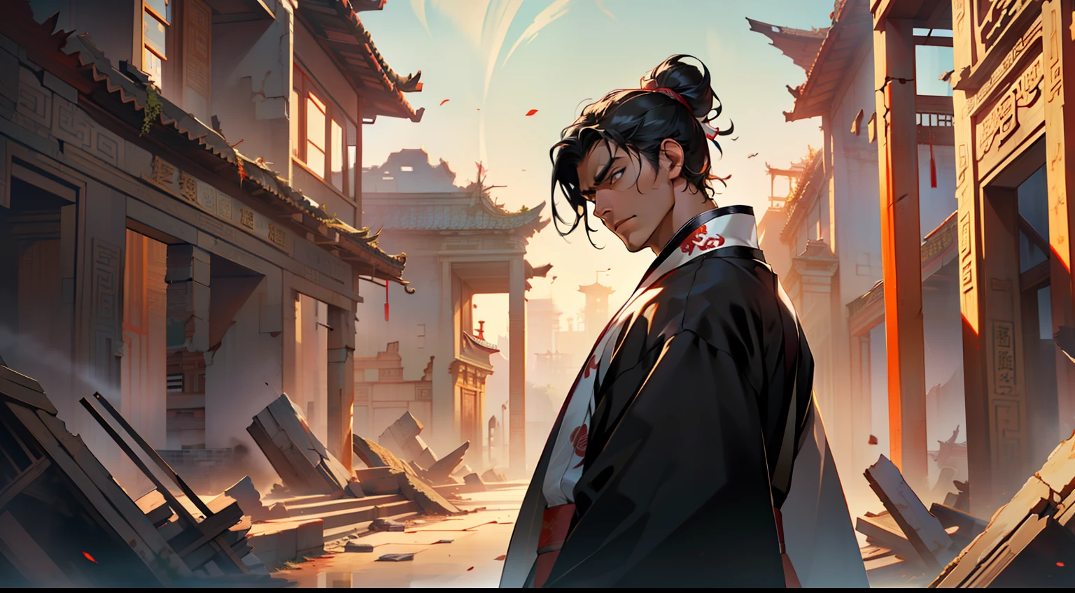 33, (1, (Black coat), (Black Hanfu youth), (Black hair), kingly air, gorgeous, handsome, outstanding temperament, looks sad) (Background: in the broken, ruins, the magnificent ancient Chinese imperial palace hall in ruins)