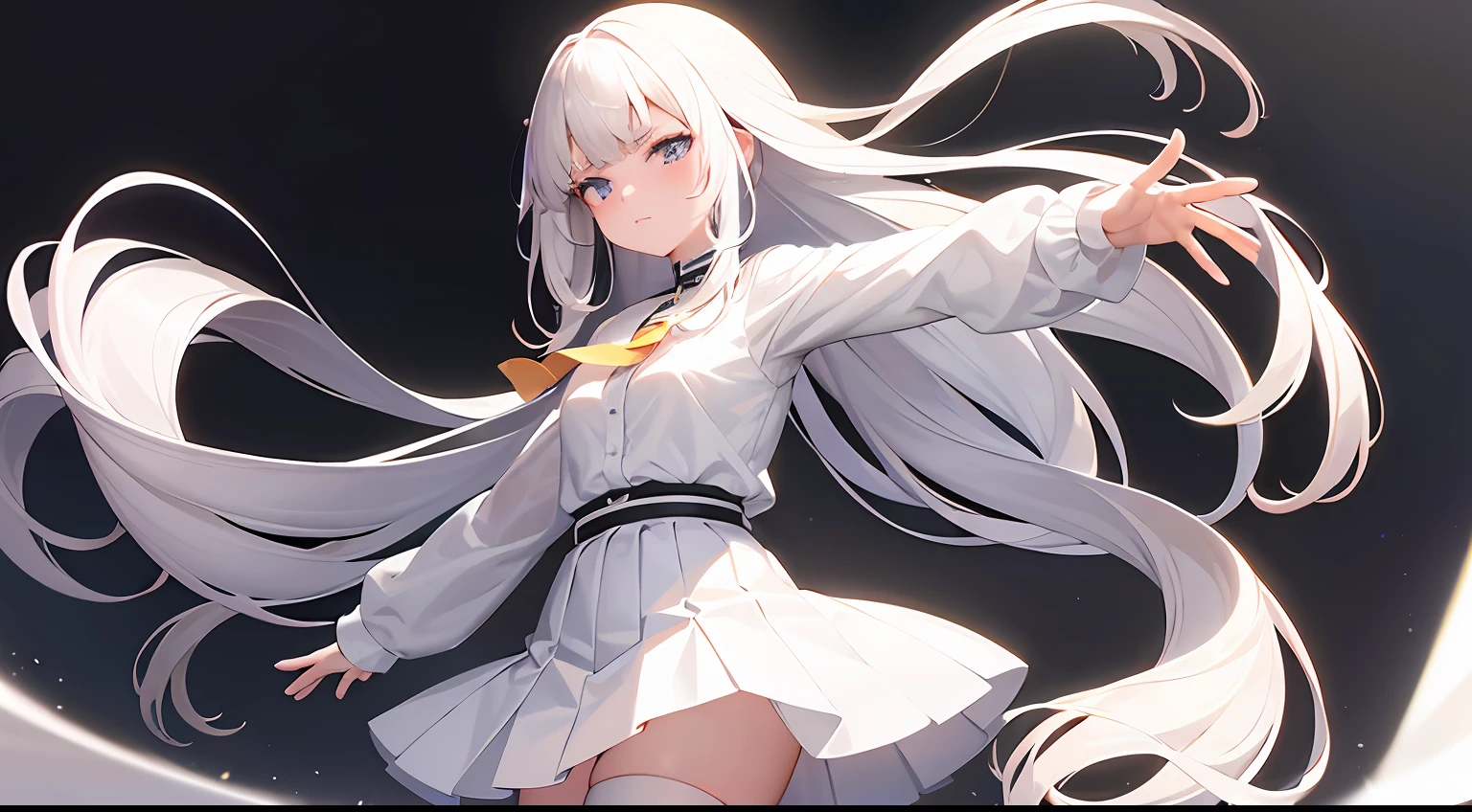 best quality,masterpiece,white background,white shirt,short pleated skirt,Fair skin,blunt bangs,gladient hair,loosen clothing around the neck,folding arms,look down on,standing up,extremely long hair,spreading hair,ivory hair,spreading legs,loafers,over knee socks,black socks,troll face