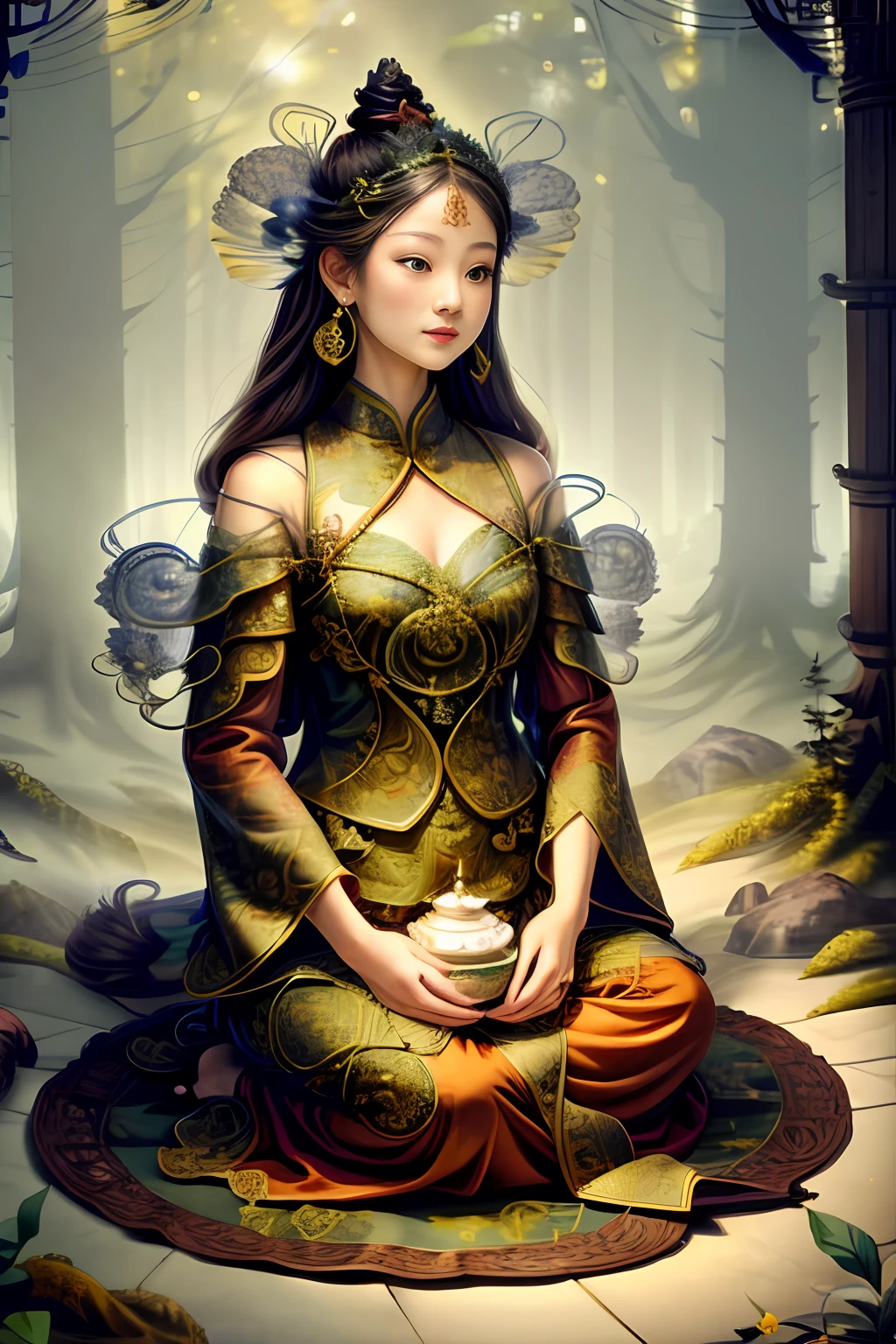 Art officiel, 8K unified wallpapers, Ultra detailded, beautiful and aesthetic, master piece, beste-Qualit, (Zentangle, Tangle, Entangle), (art fractal: 1.4), 1fille, cheveux noirs, chinois, bare shoulders, jupe courte, mollet, nombril, highly detailed, angle dynamique, cowboy, (plus beau chaos de forme), fluide, (couleurs vives), oc, (half: 1.2), porcelaine, (thangka flying sky: 1.5), (ruban: 1.3), (Dream: 1.5), (hanfu: 1.5), dragon chinois, Chinese Phoenix, (sourire: 0,5), (chinese deity),
