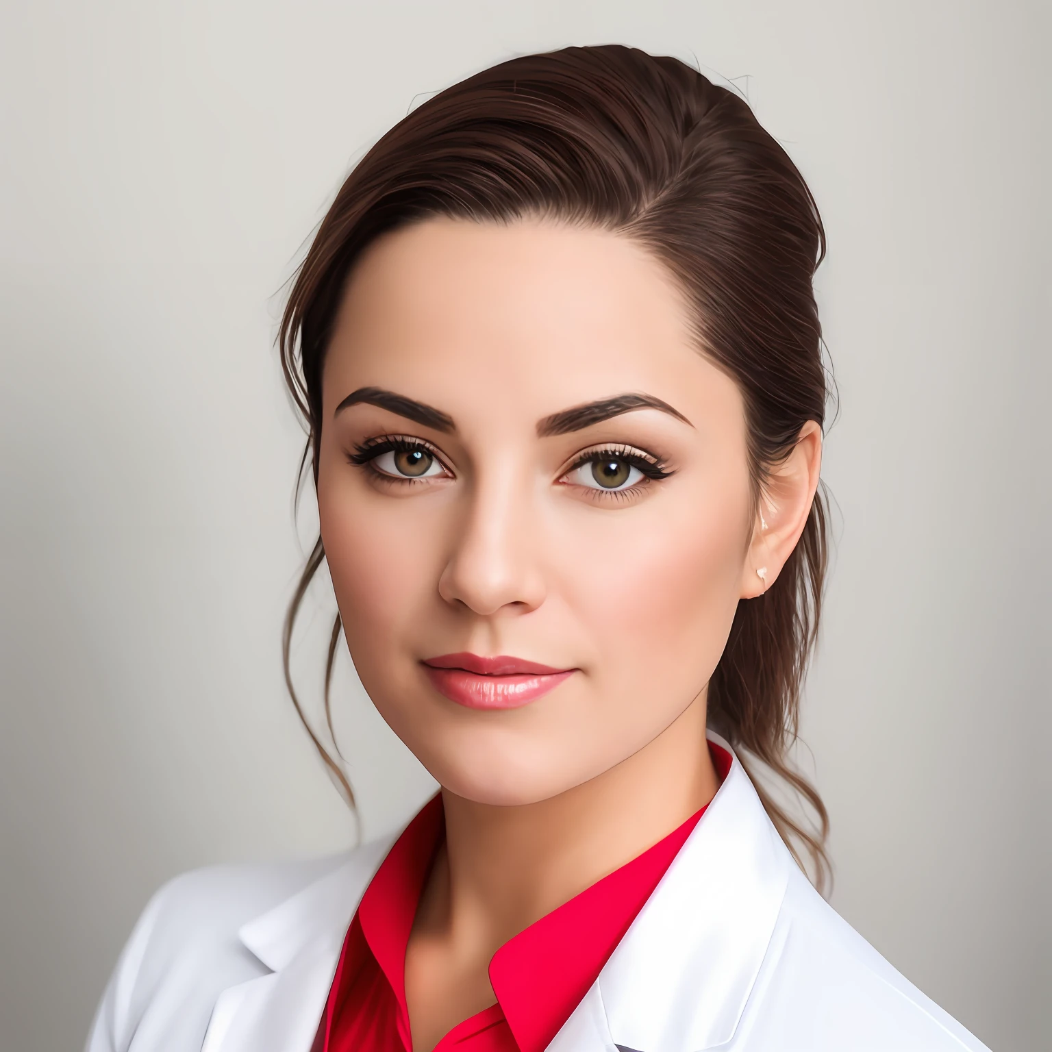 Smiling woman in white lab coat with red tie and white shirt, fotografia headshot, foto headshot, Retrato headshot, foto de closeup profissional, retrato profissional close-up, foto de perfil profissional, medical photography, retrato profissional, Retrato do perfil, imagem retrato, head and shoulder shot, foto retrato profissional, professional headshot, fotografia de retrato profissional, Foto profissional detalhada, amazing professional picture, Retrato promocional
