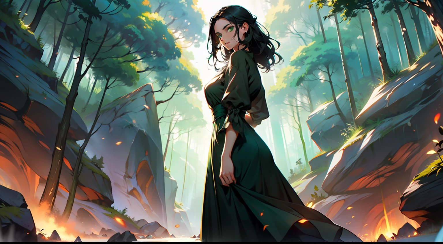 36, (1 person) (girl, (green eyes), (long black hair), green dress with white gauze, the young woman is graceful and dignified, outstanding temperament, standing together with the old woman (Background: outside the cave, in the forest)