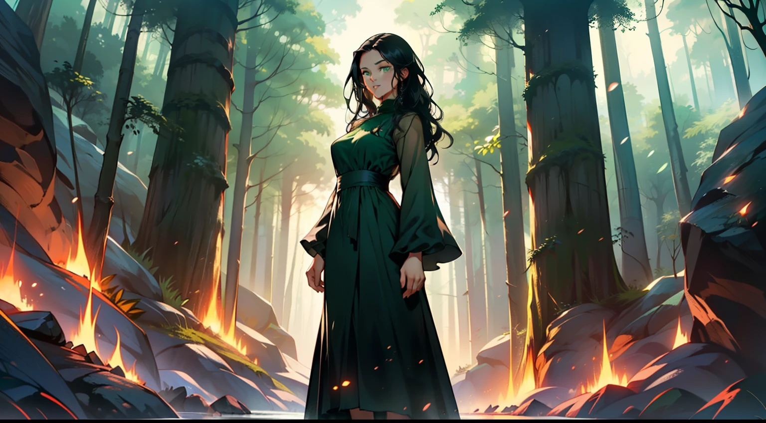36, (1 person) (girl, (green eyes), (long black hair), green dress with white gauze, the young woman is graceful and dignified, outstanding temperament, standing together with the old woman (Background: outside the cave, in the forest)