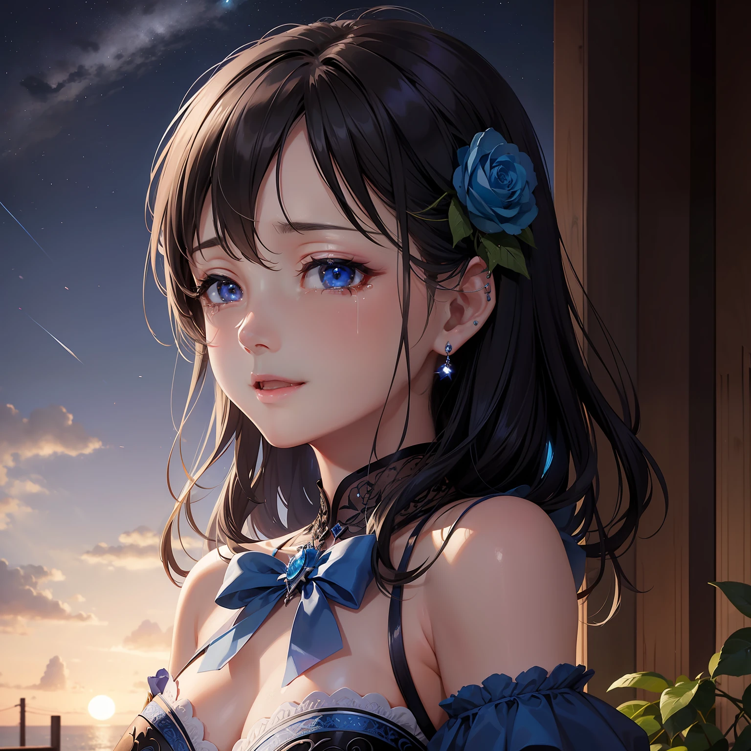 Blue Rose、a beauty girl、nigh sky、Laughing、is crying
