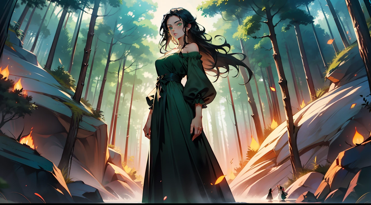 36, (1 person) (girl, (green eyes), (long black hair), green dress with white gauze, the young woman is graceful and dignified, outstanding temperament, standing together with the old woman (Background: outside the cave, in the forest)