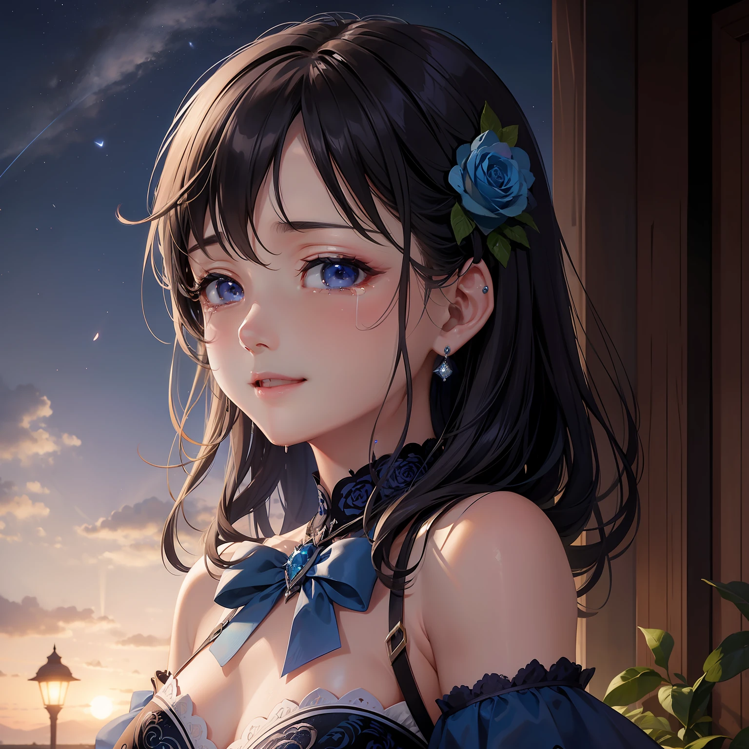 Blue Rose、a beauty girl、nigh sky、Laughing、is crying
