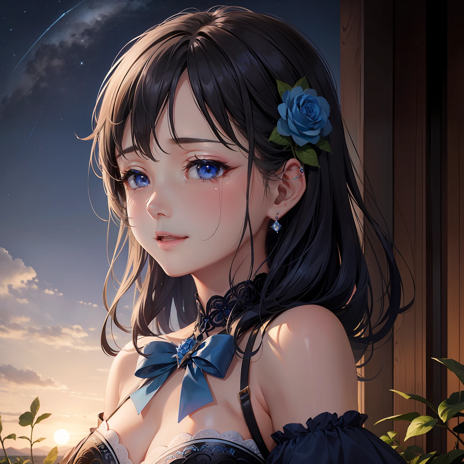 Blue Rose、a beauty girl、nigh sky、Laughing、is crying