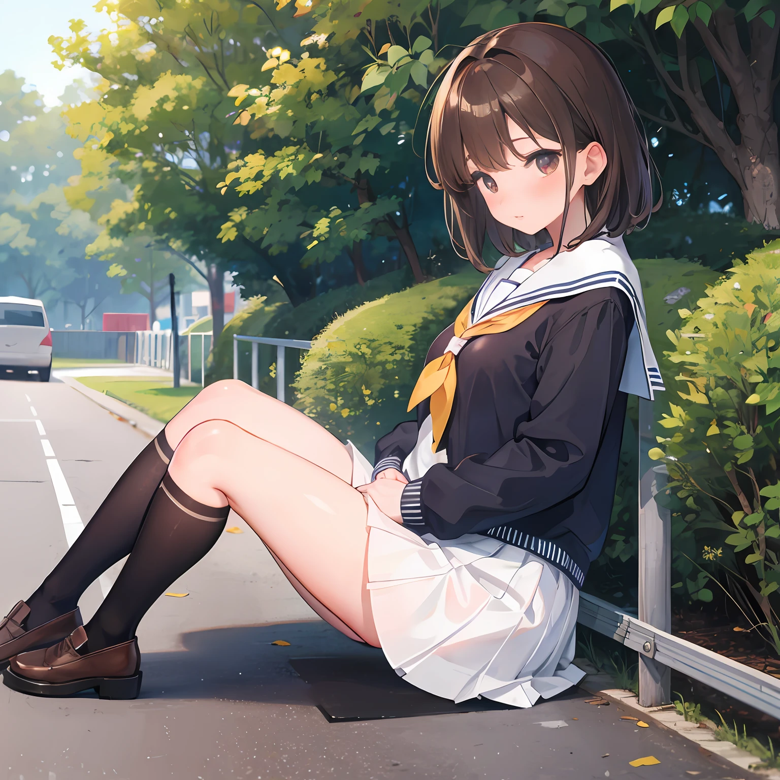 schoolgirl, Brown hair, Medium hair, Sailor suit, (Naked:1.1), Nipples (Blushing:1.0), Detailed face, Roadside, POV crouching，Expose the inside of your legs