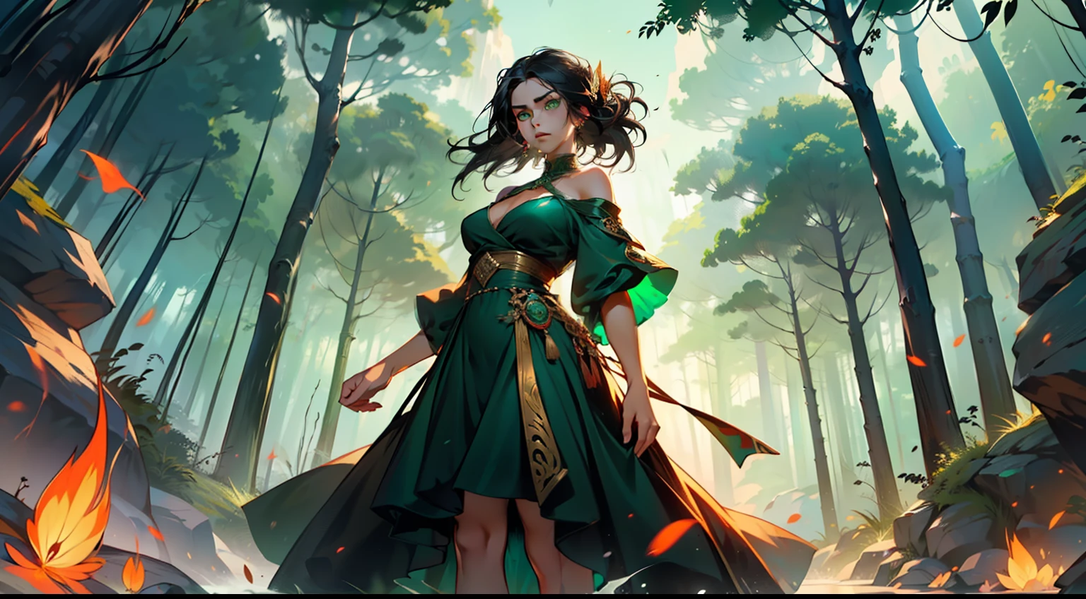 37, (1 person) (girl, (green eyes), (long black hair), green dress with white gauze, the young woman is graceful and dignified, outstanding temperament, takes the jade fragment and orders the old woman collect more) (Background: outside the cave, in the forest)