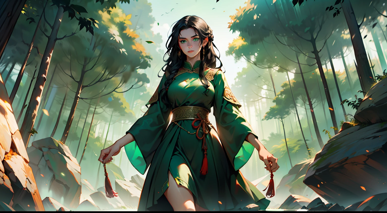 37, (1 person) (girl, (green eyes), (long black hair), green dress with white gauze, the young woman is graceful and dignified, outstanding temperament, takes the jade fragment and orders the old woman collect more) (Background: outside the cave, in the forest)