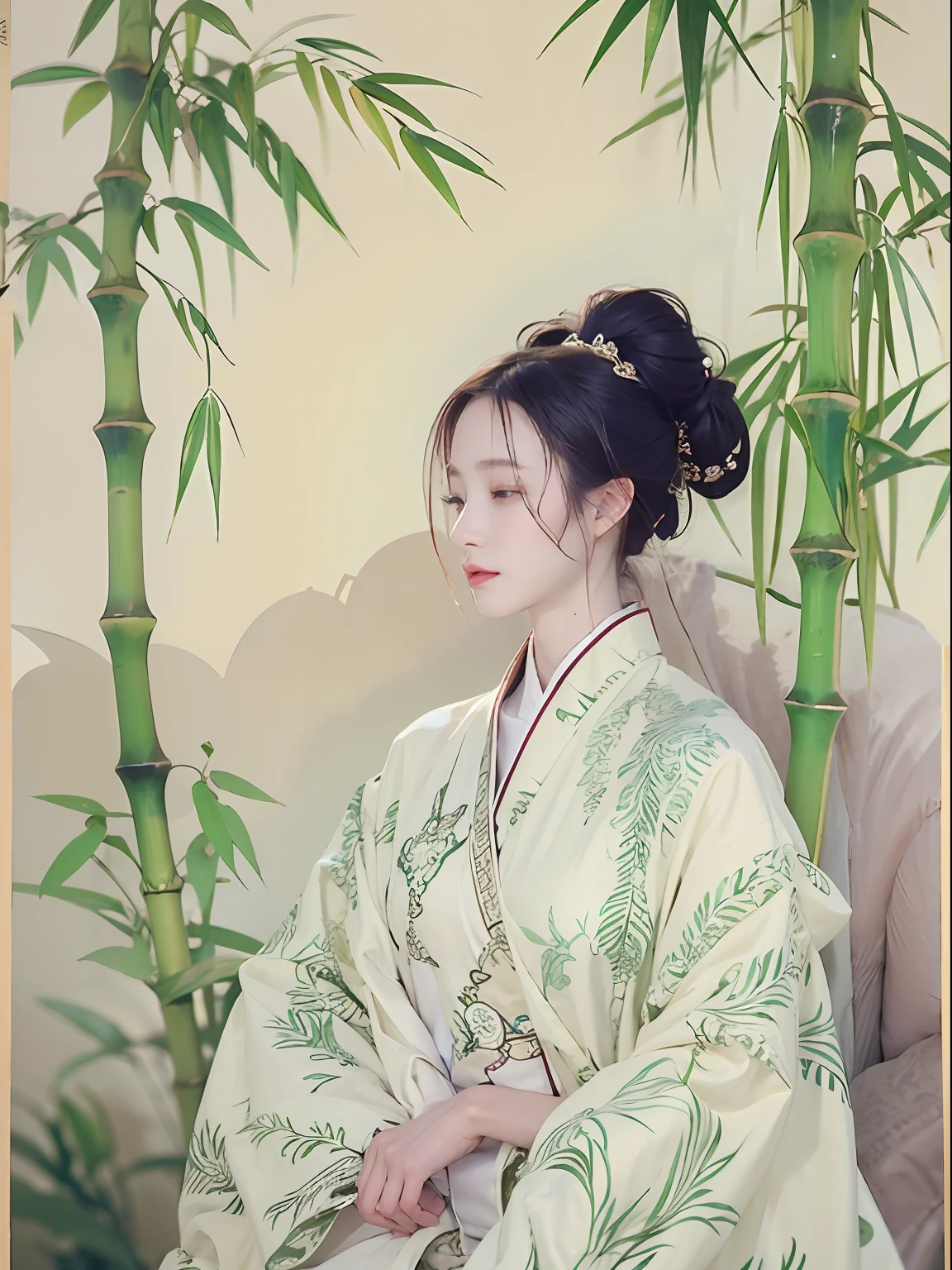 Modern fashion interpretation by Song dynasty scholars, Dress minimalistly, flowing robe,With intricate ink painting patterns, With tranquility, thinking pose. The medium is Harper's Bazaar. Use extra-long shots to capture scenes full of bamboo and white walls all around,to enhance the Zen atmosphere. The artist is Eric Medigan Heck