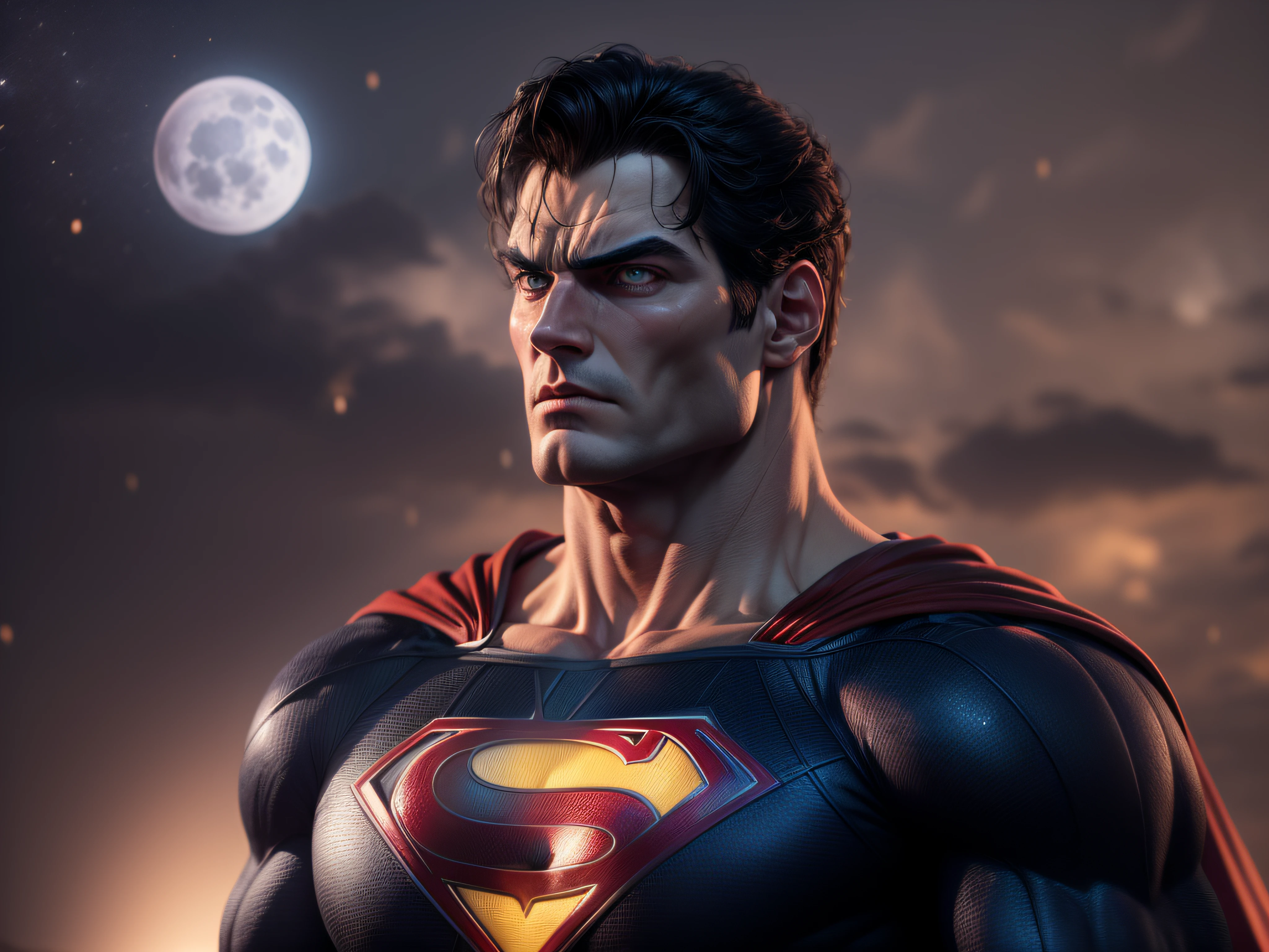 Close on a powerful menace, Imposing looking Superman, menacing stare, ricamente detalhado, hiper realista, 3D-rendering, obra-prima, NVIDIA, RTX, ray-traced, Bokeh, Night sky with a huge and beautiful full moon, estrelas brilhando,